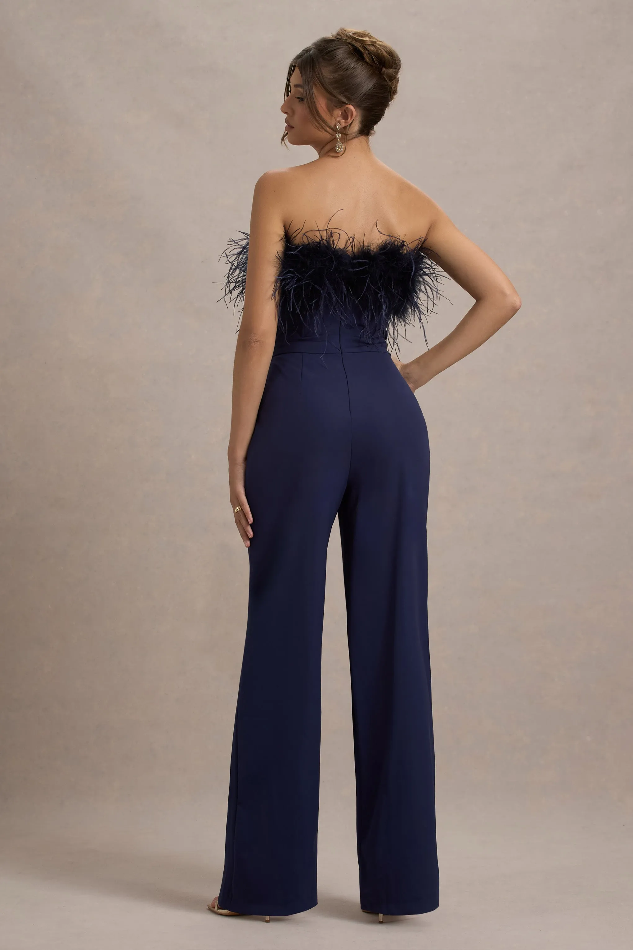 First Class | Navy Bandeau Feather Wide Leg Jumpsuit Club L London