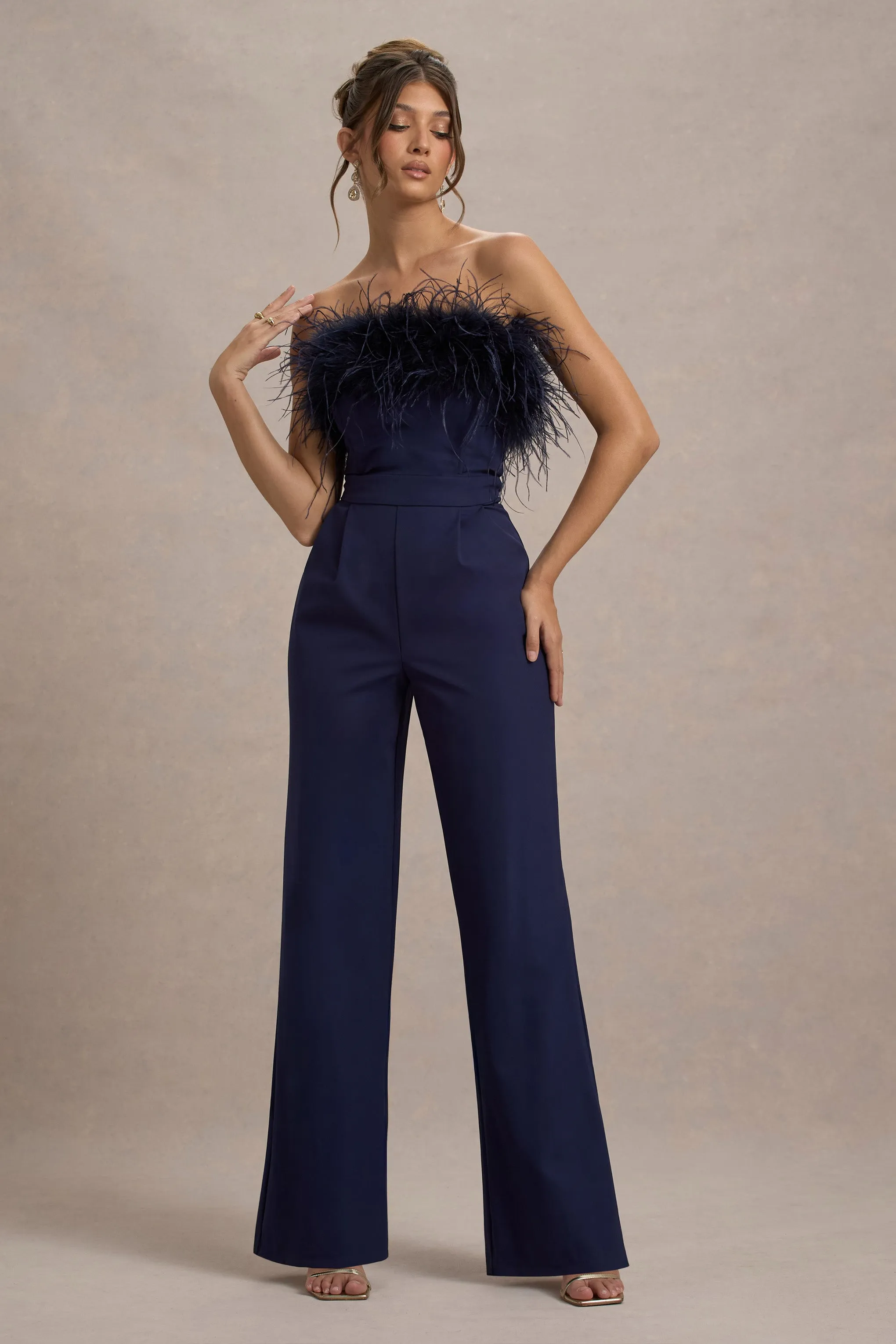 First Class | Navy Bandeau Feather Wide Leg Jumpsuit Club L London
