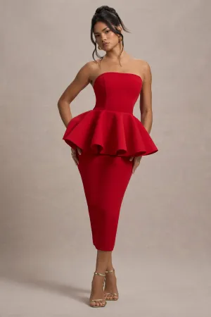 First Dance | Red Bandeau Peplum Midi Dress Club L London