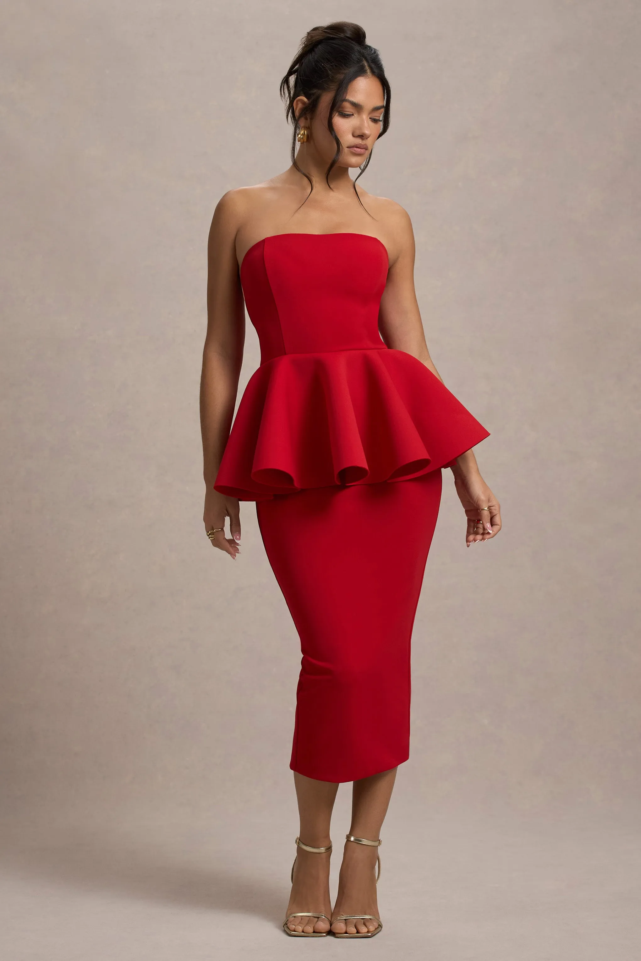 First Dance | Red Bandeau Peplum Midi Dress Club L London