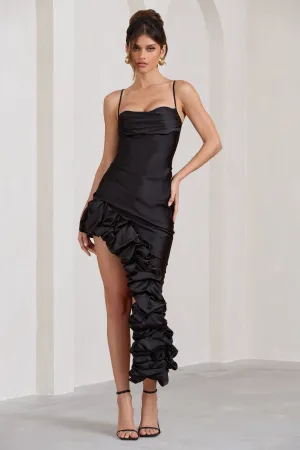 Florence | Black Satin Asymmetric Ruffle Cowl Midi Dress Club L London