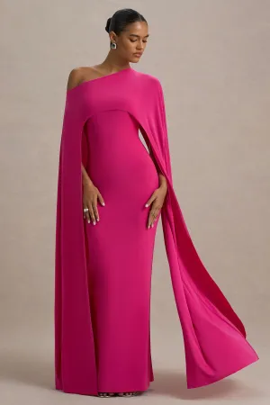 Florentina | Hot Pink One-Shoulder Cape Maxi Dress Club L London