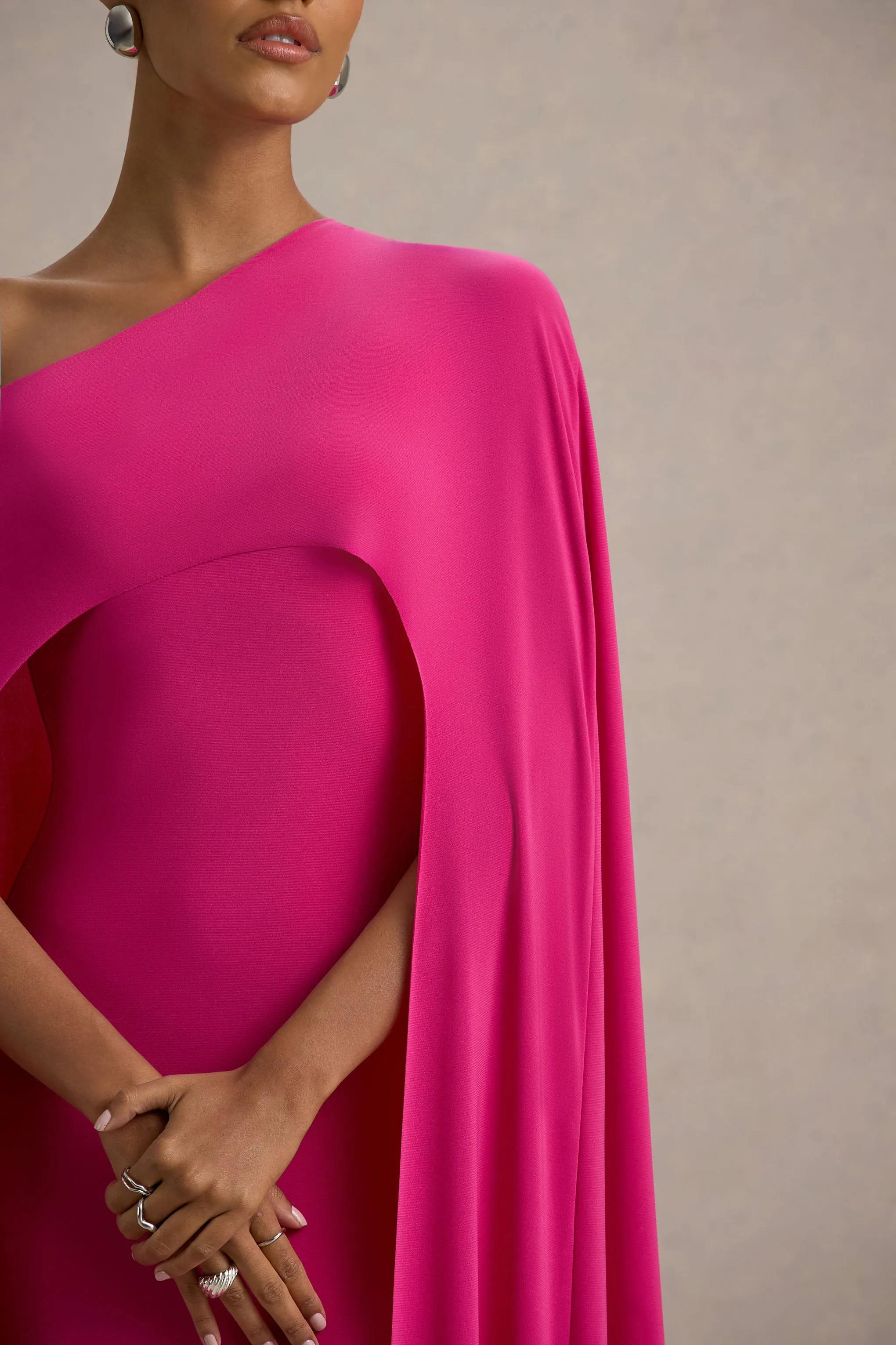 Florentina | Hot Pink One-Shoulder Cape Maxi Dress Club L London