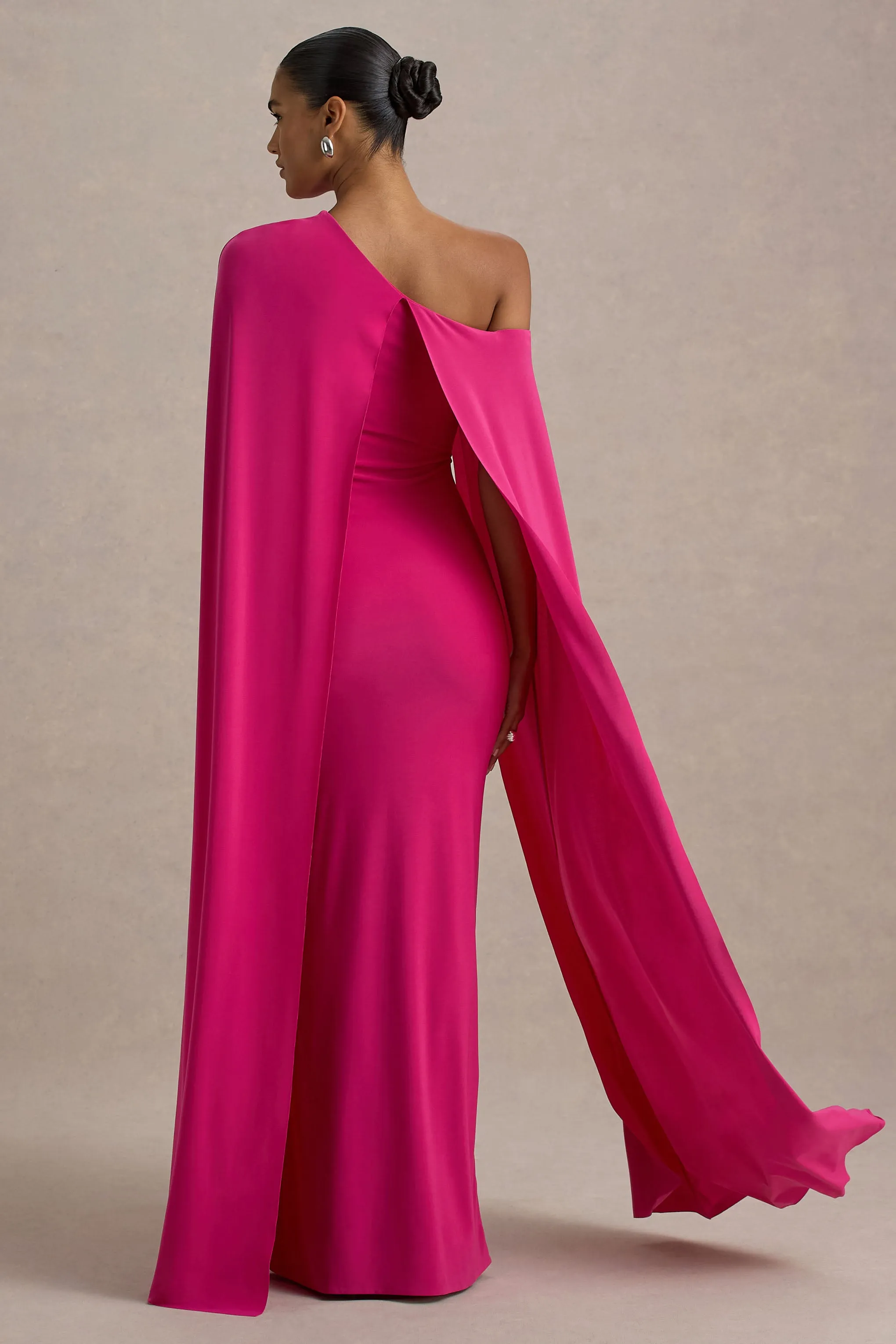 Florentina | Hot Pink One-Shoulder Cape Maxi Dress Club L London