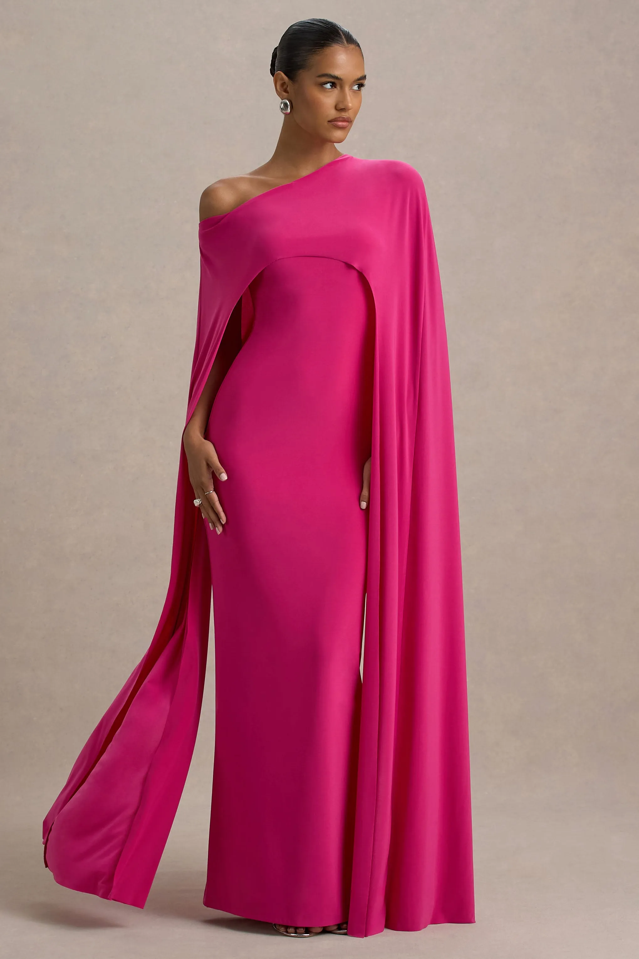 Florentina | Hot Pink One-Shoulder Cape Maxi Dress Club L London