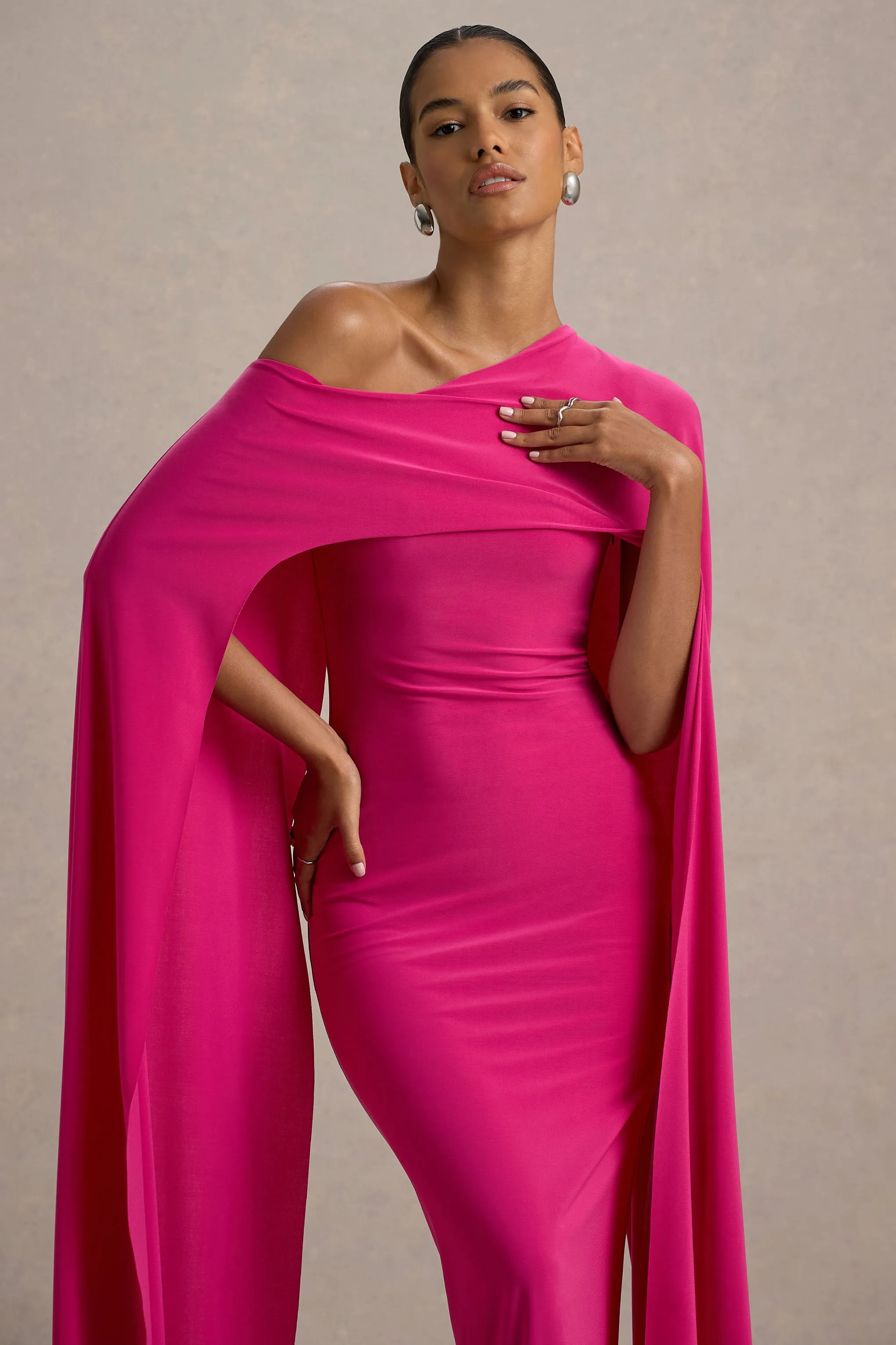 Florentina | Hot Pink One-Shoulder Cape Maxi Dress Club L London