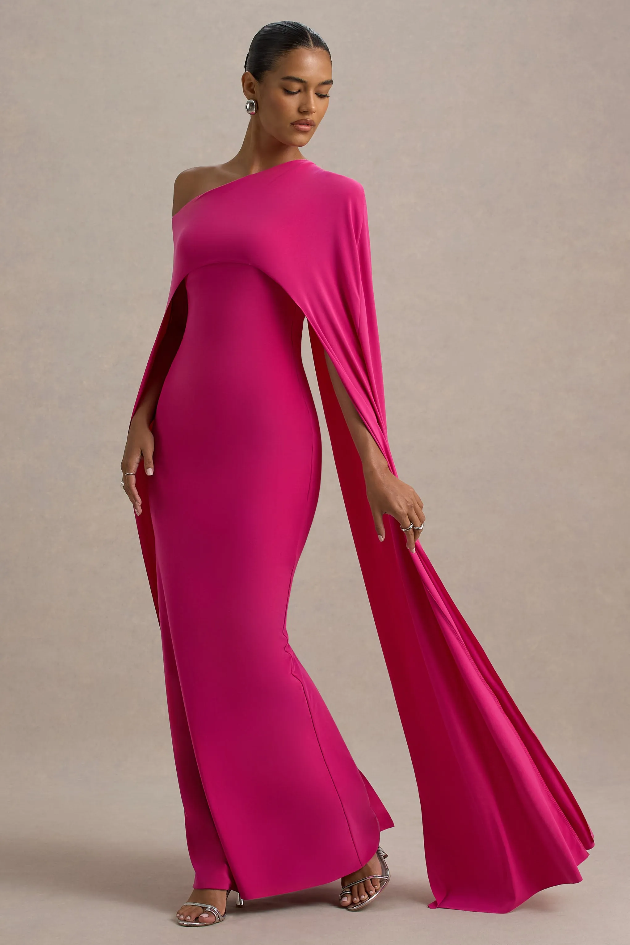 Florentina | Hot Pink One-Shoulder Cape Maxi Dress Club L London