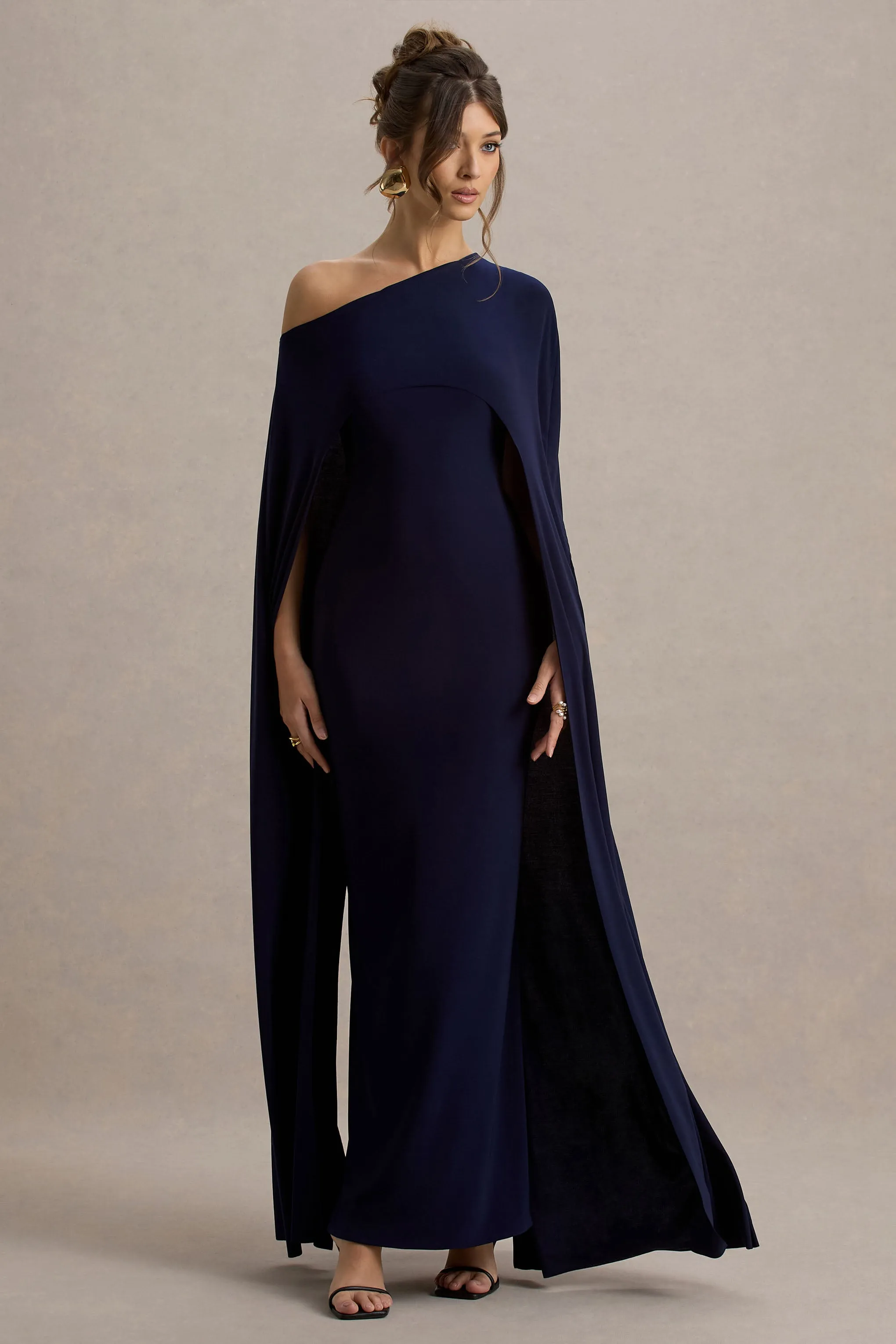 Florentina | Navy One-Shoulder Cape Maxi Dress Club L London