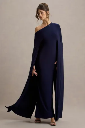 Florentina | Navy One-Shoulder Cape Maxi Dress Club L London