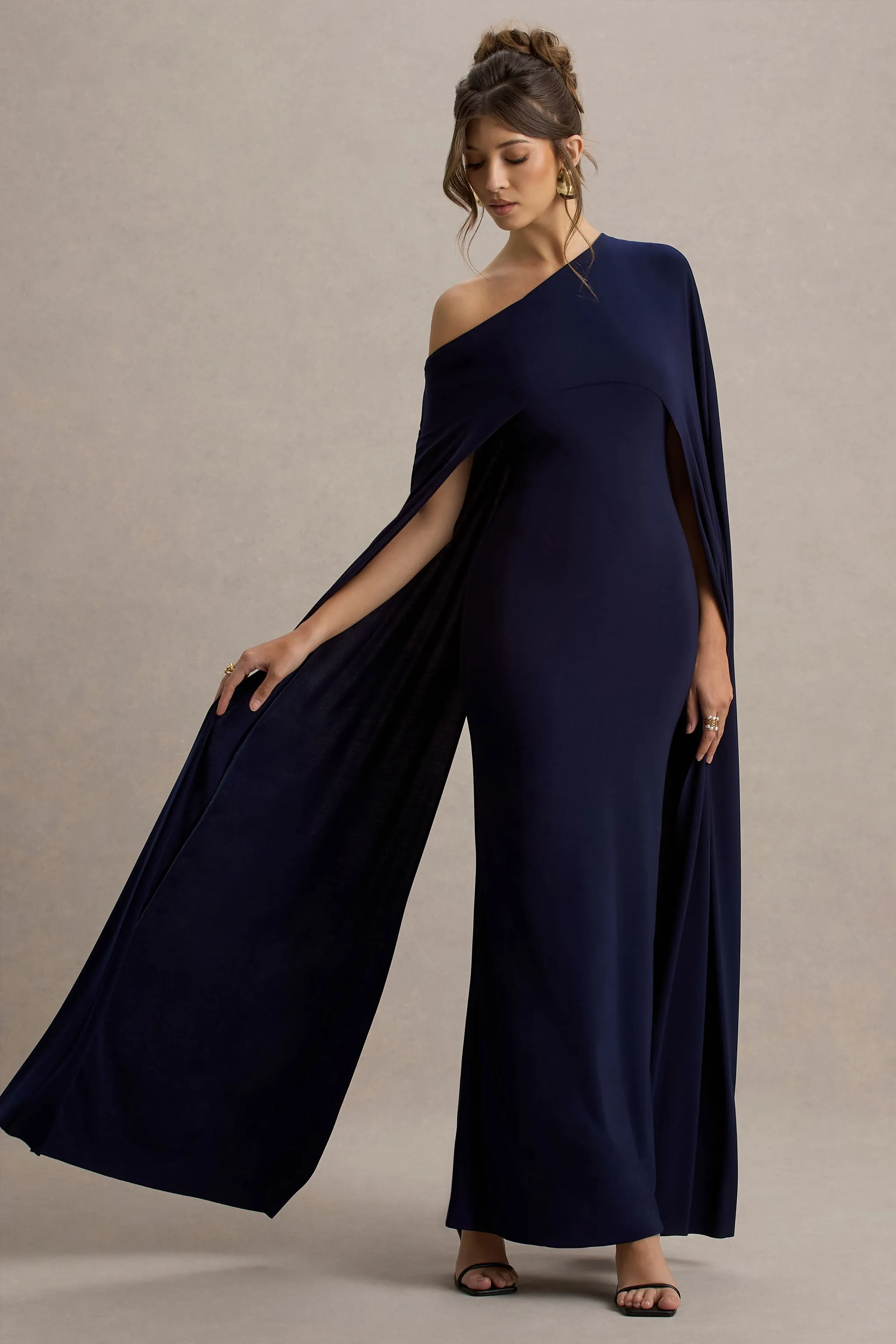 Florentina | Navy One-Shoulder Cape Maxi Dress Club L London
