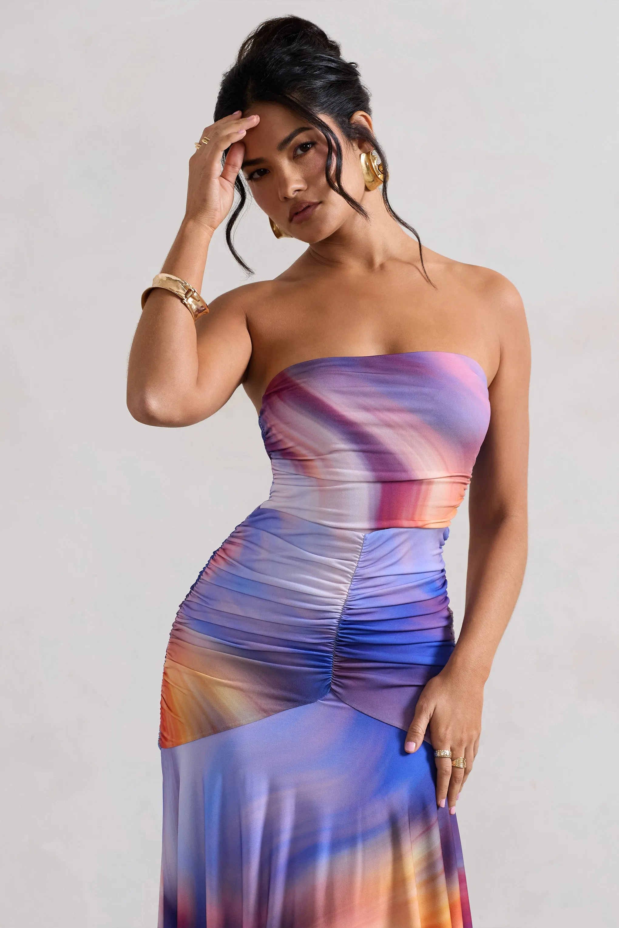 Florianne | Ombre Print Ruched Bandeau Midi Dress Club L London