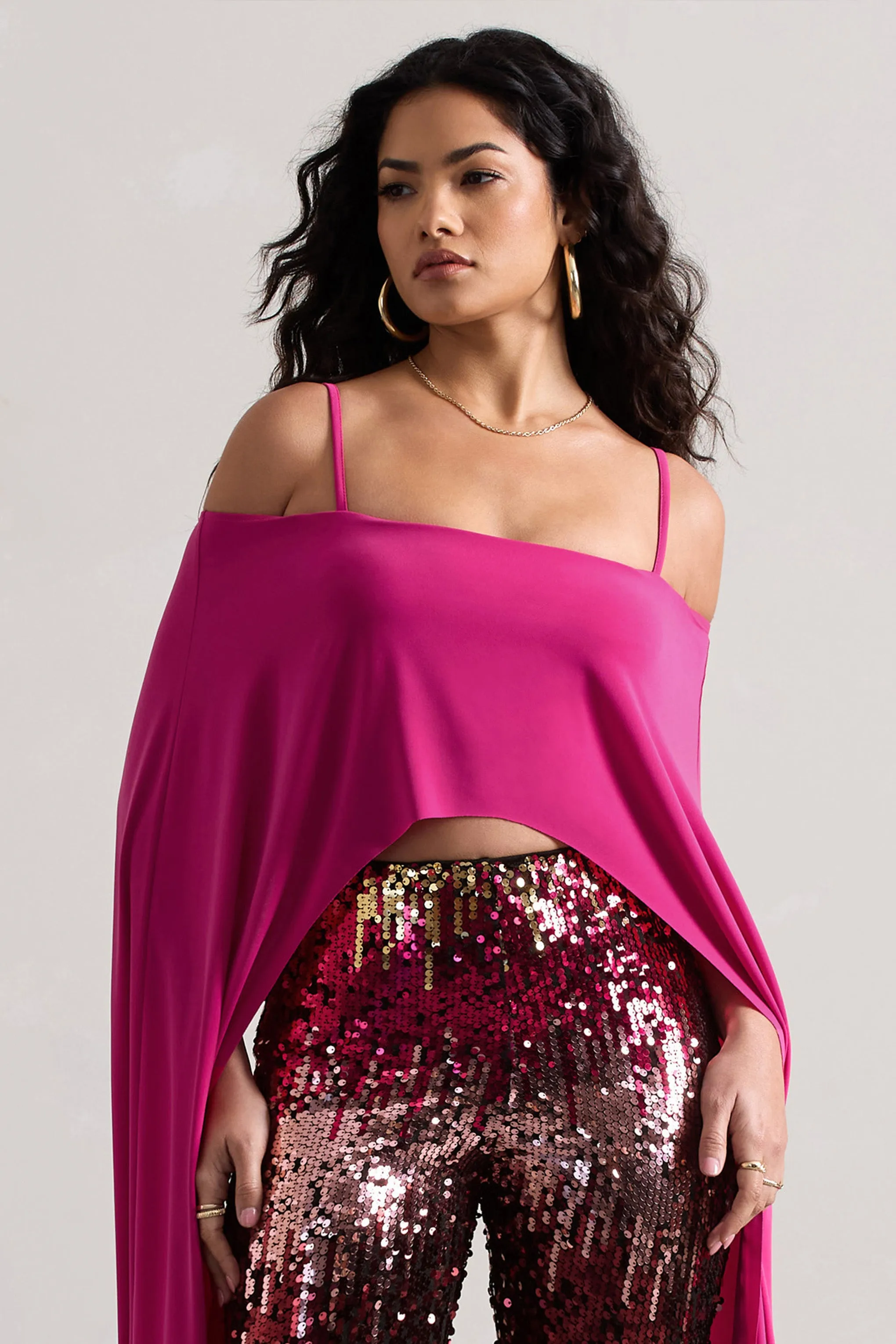 Floyd | Dark Pink Bardot Cape Sleeve Crop Top Club L London