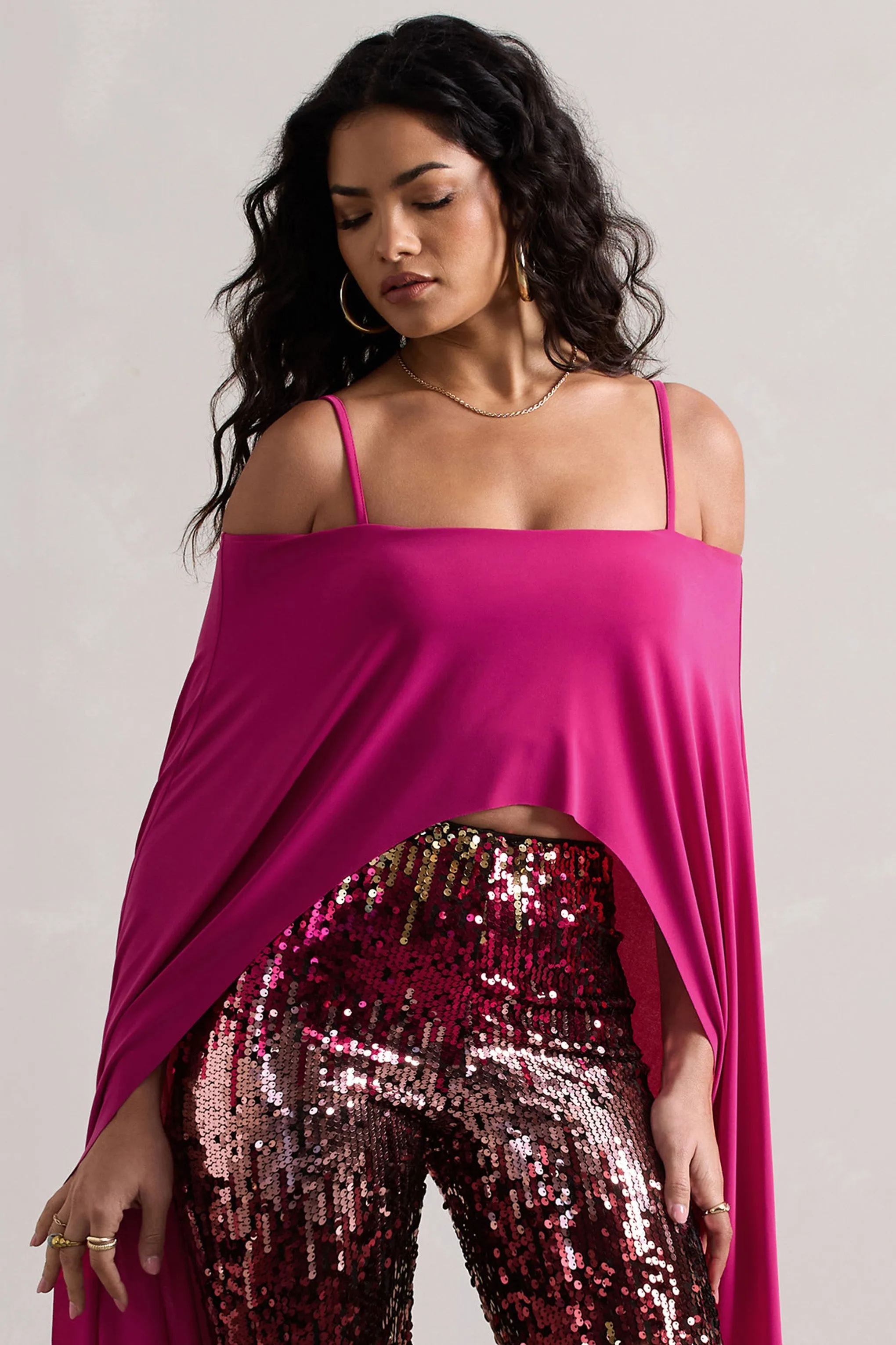 Floyd | Dark Pink Bardot Cape Sleeve Crop Top Club L London