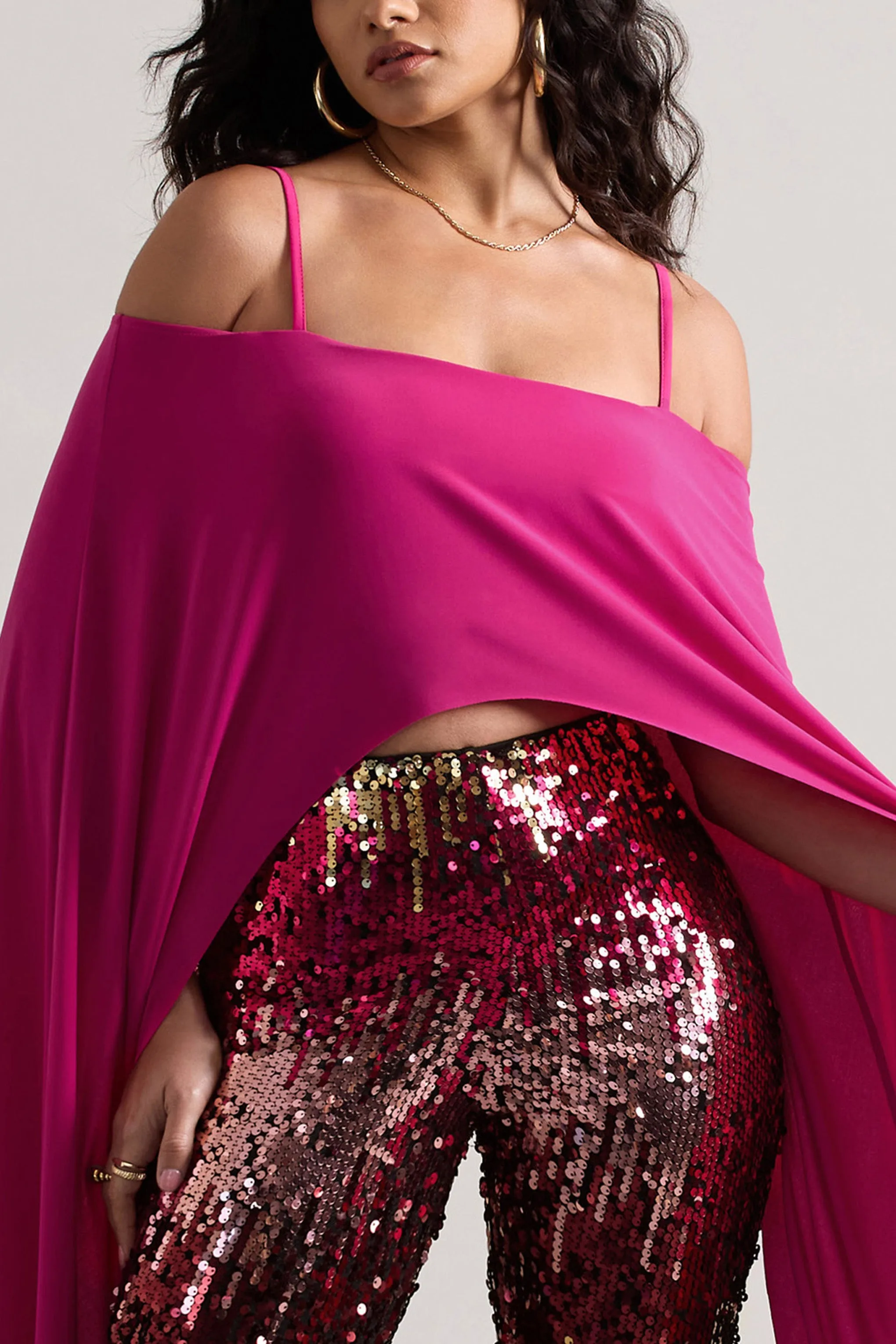 Floyd | Dark Pink Bardot Cape Sleeve Crop Top Club L London