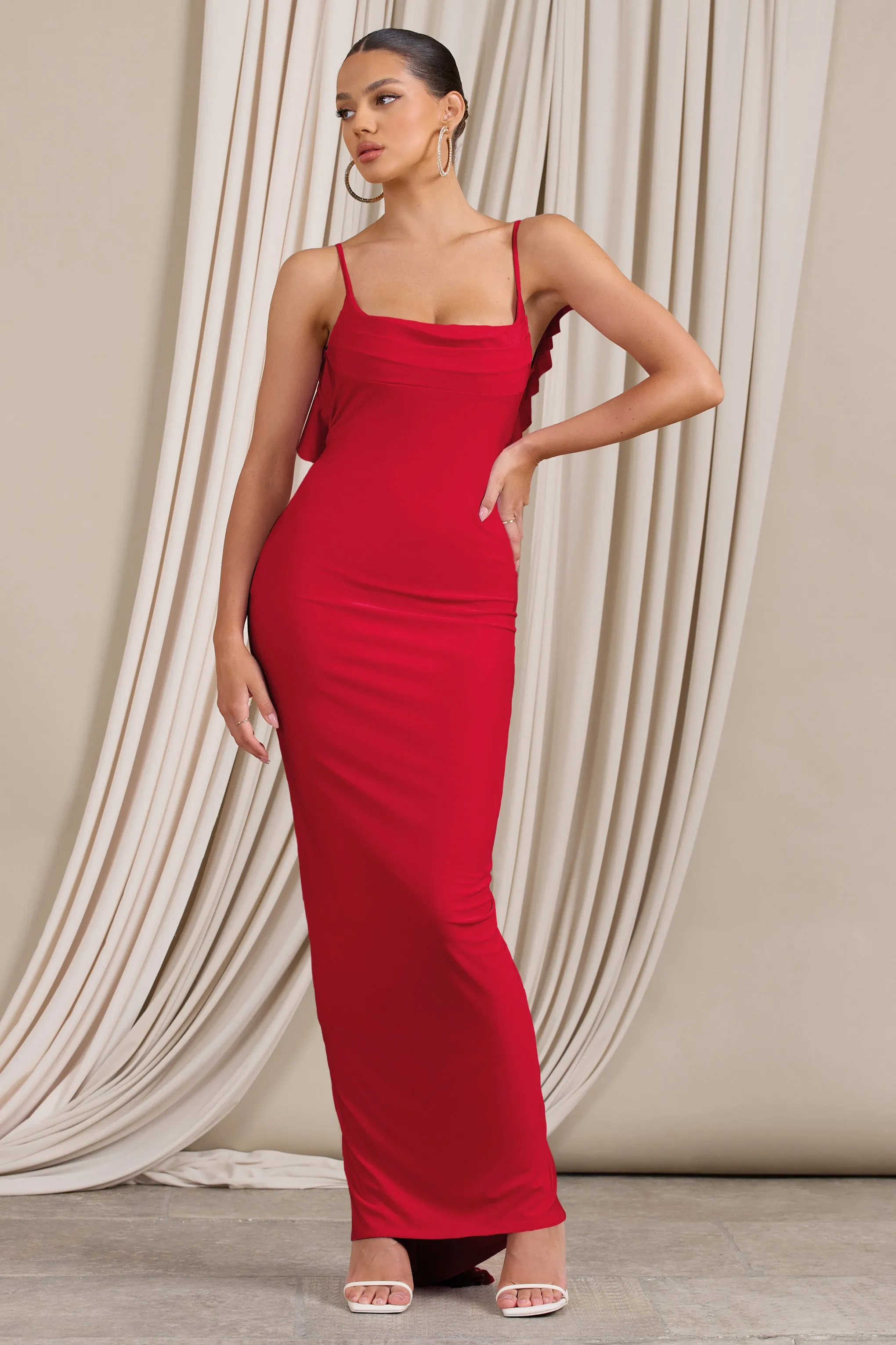 Flute | Red Bodycon Maxi Dress With Ruched Ruffled Back Club L London