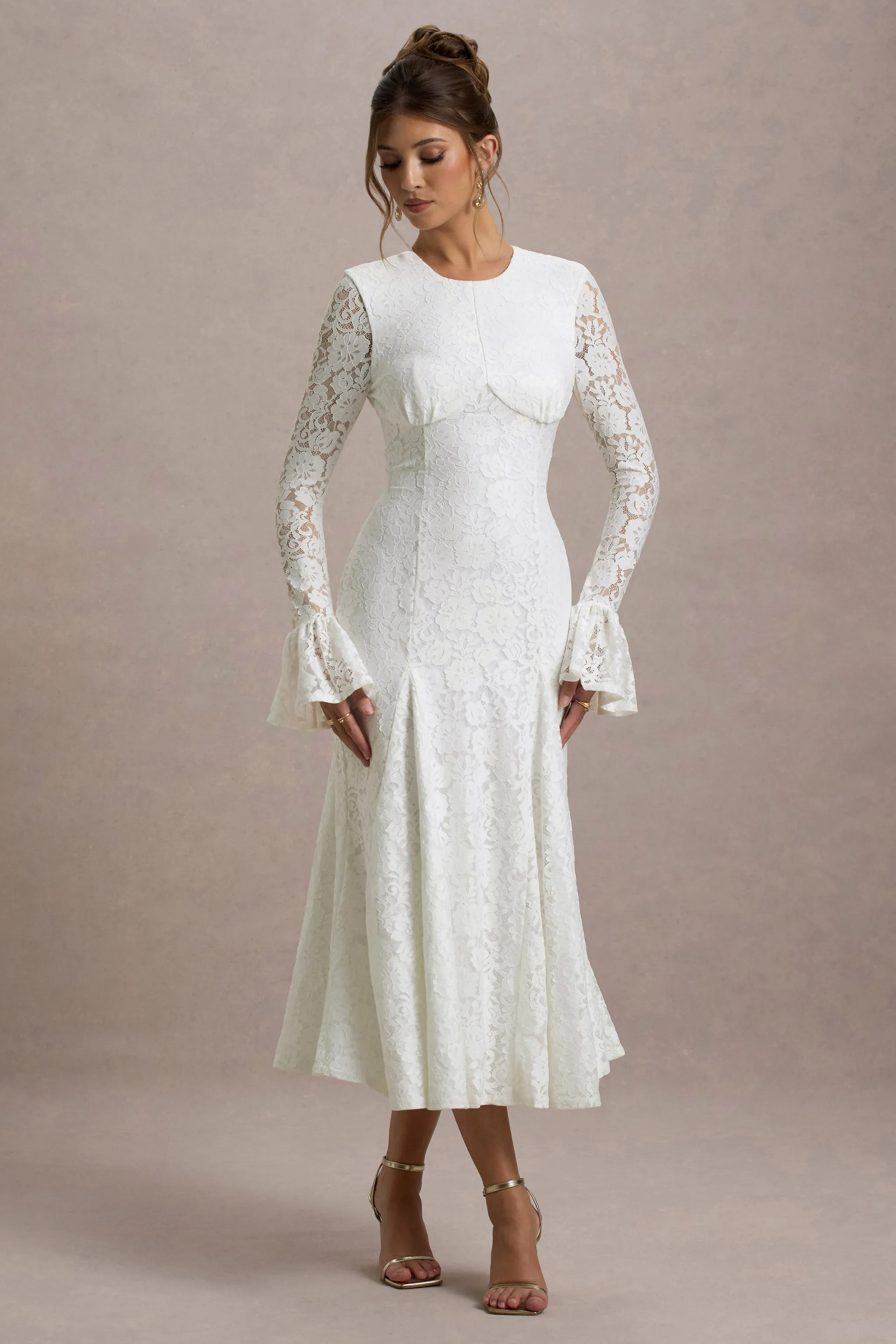 For Life | Cream Lace Long-Sleeve Midi Dress Club L London