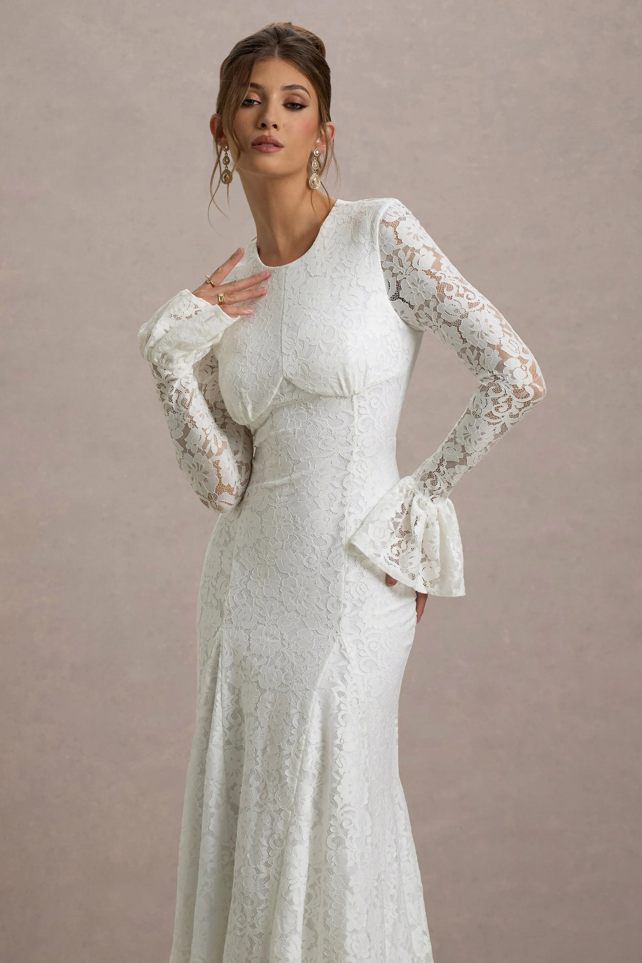 For Life | Cream Lace Long-Sleeve Midi Dress Club L London