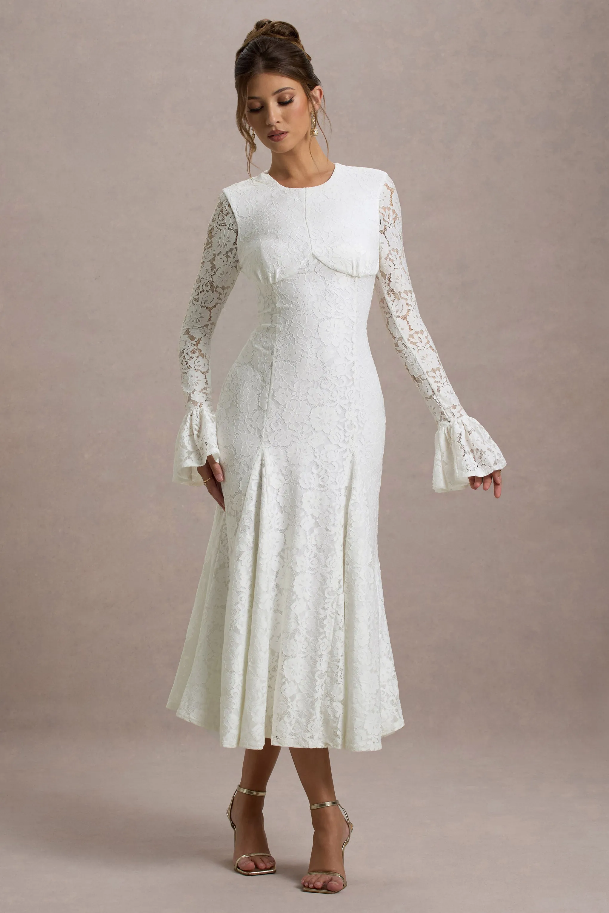 For Life | Cream Lace Long-Sleeve Midi Dress Club L London