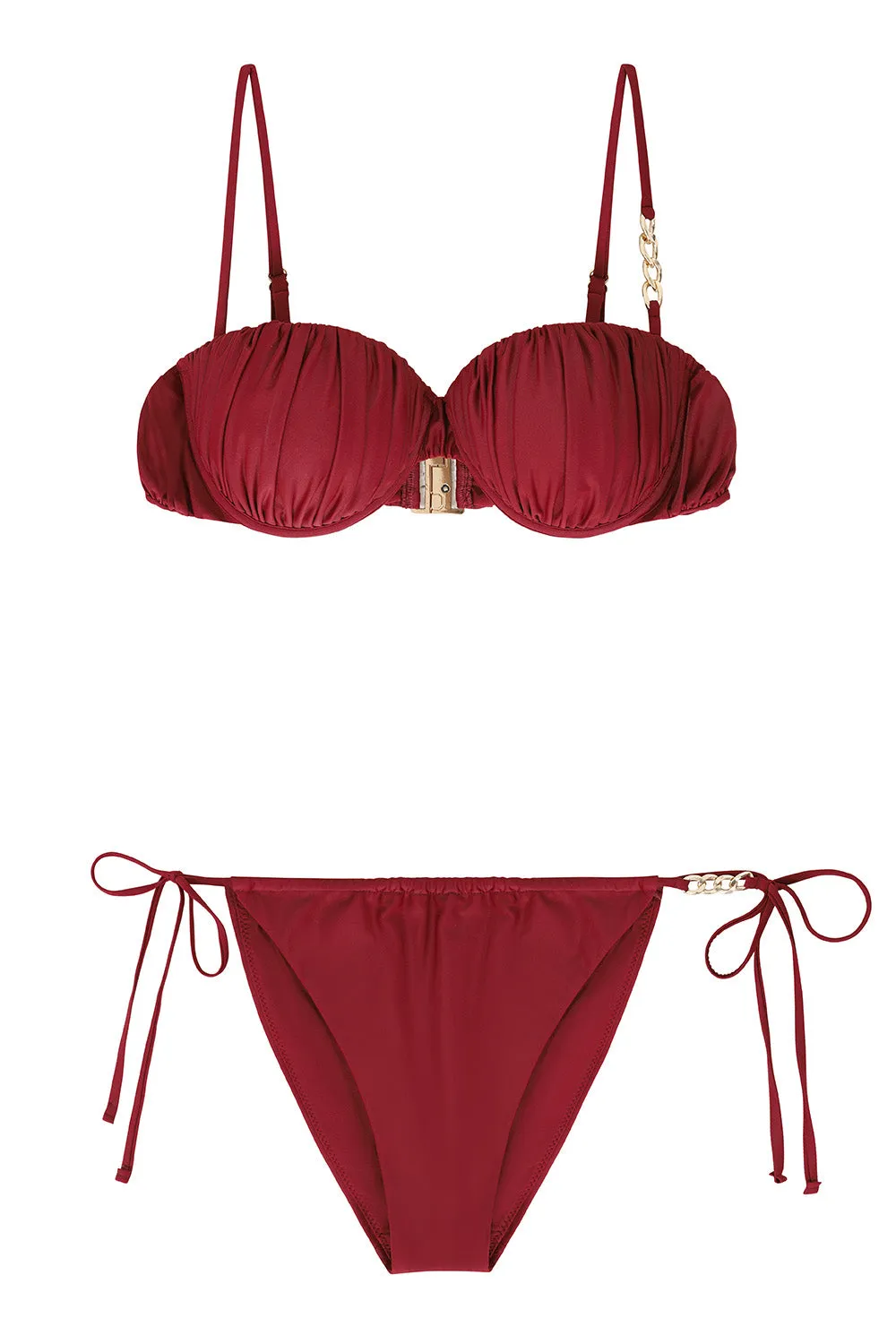 Fortune | Burgundy Pleated Chain Bikini Bottoms Club L London