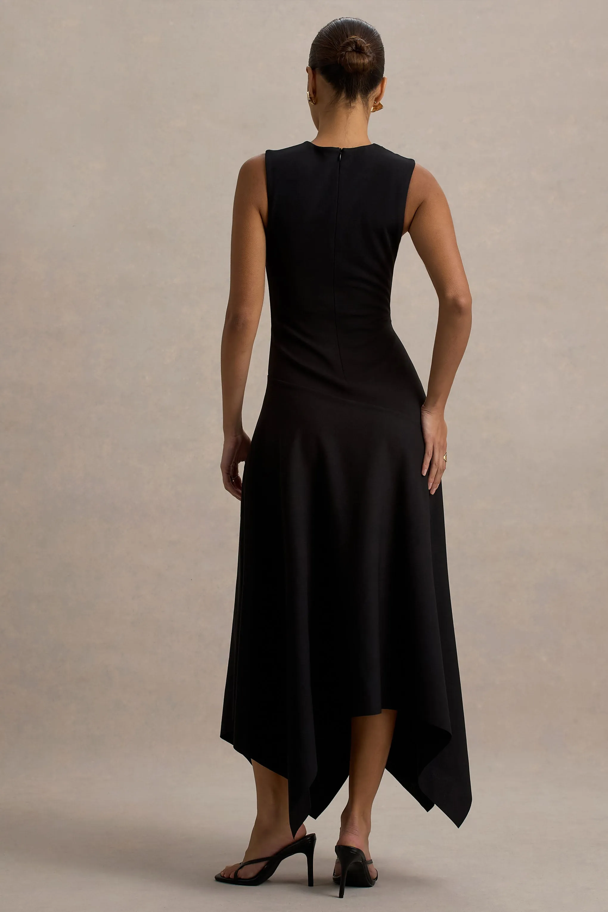Francesca | Black Knotted Midi Dress With Handkerchief Hem Club L London