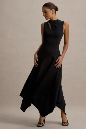 Francesca | Black Knotted Midi Dress With Handkerchief Hem Club L London