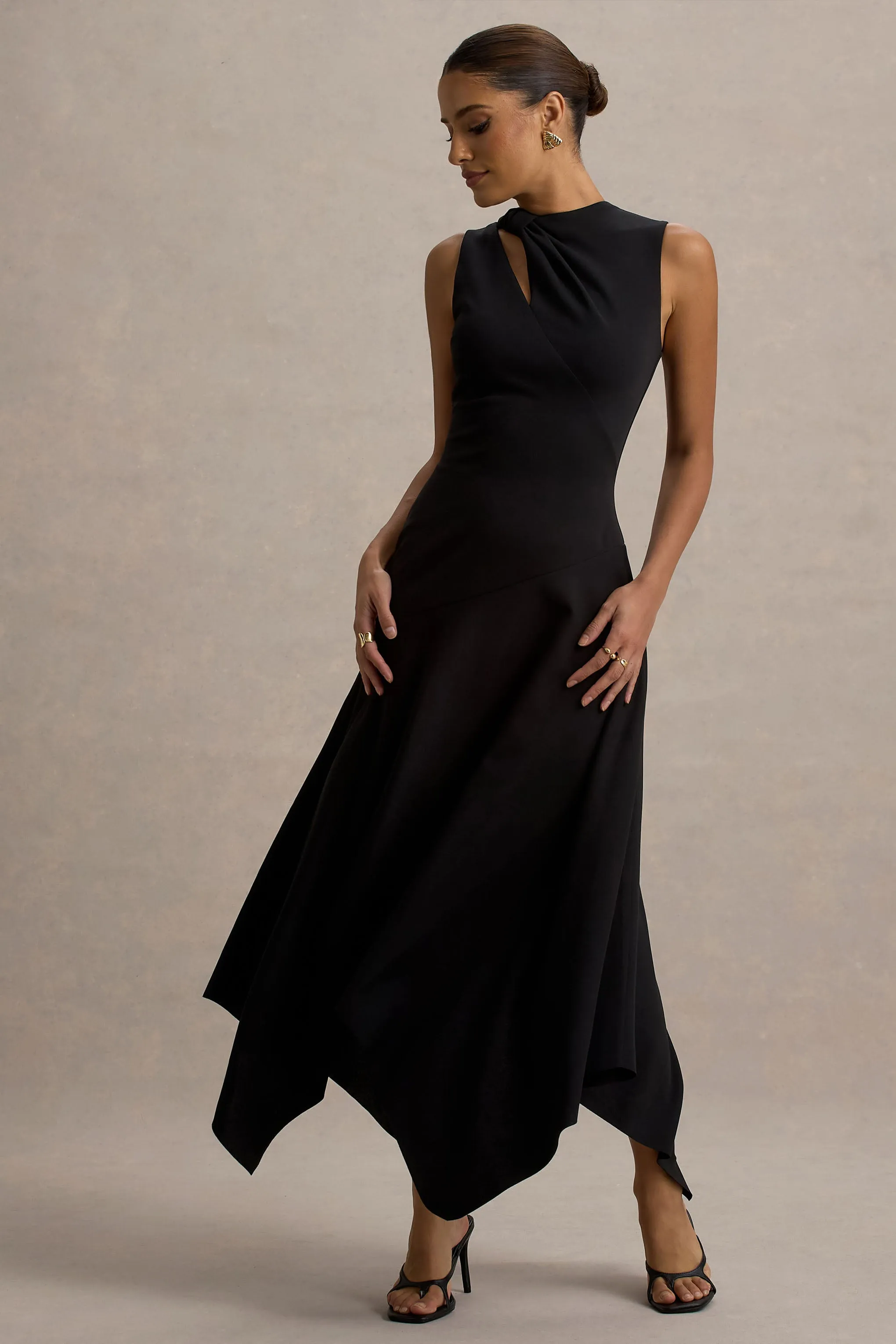 Francesca | Black Knotted Midi Dress With Handkerchief Hem Club L London