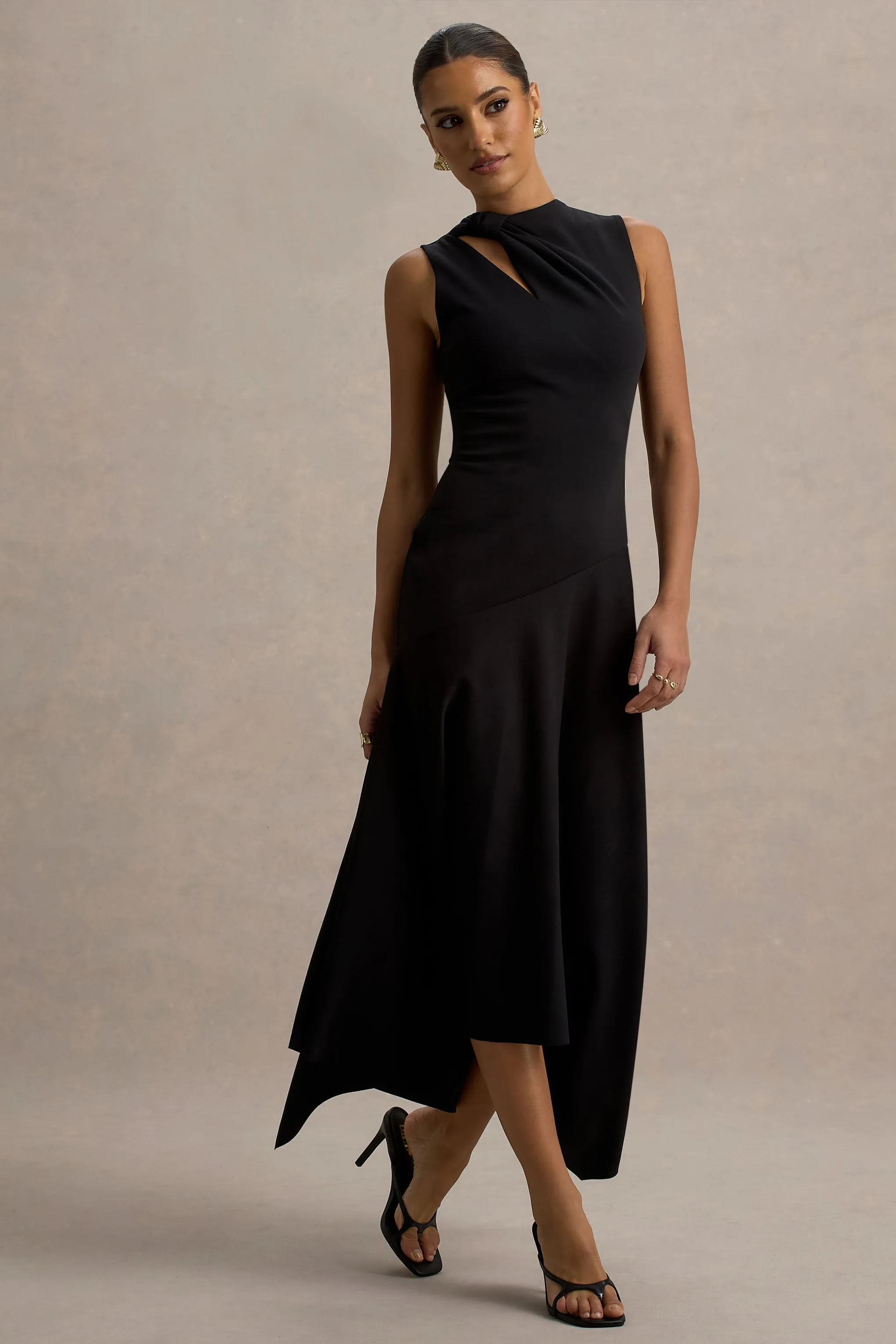 Francesca | Black Knotted Midi Dress With Handkerchief Hem Club L London