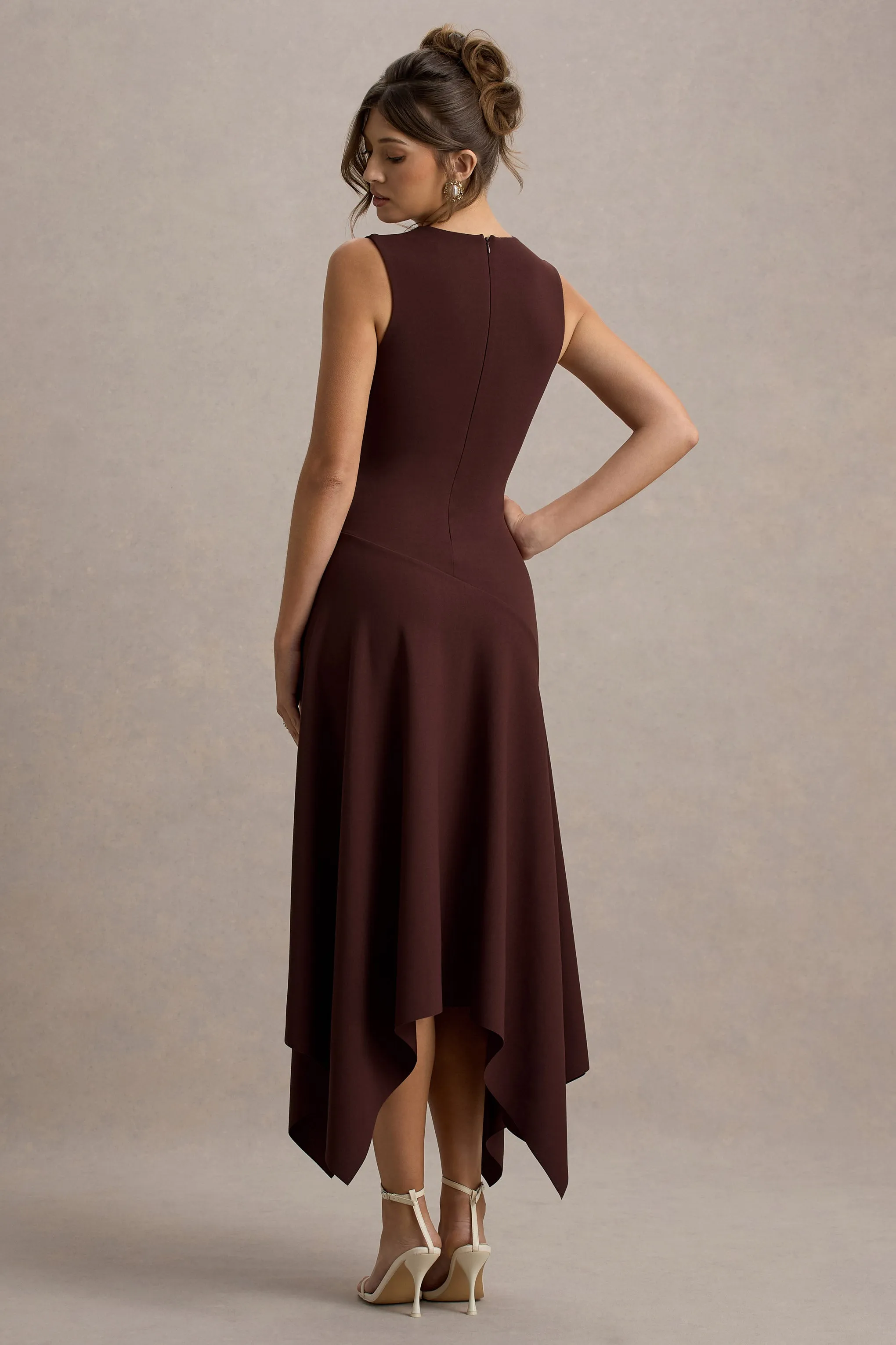 Francesca | Brown Knotted Midi Dress With Handkerchief Hem Club L London