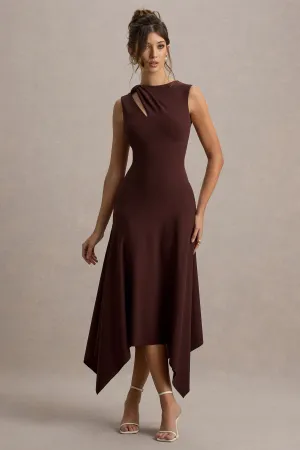 Francesca | Brown Knotted Midi Dress With Handkerchief Hem Club L London