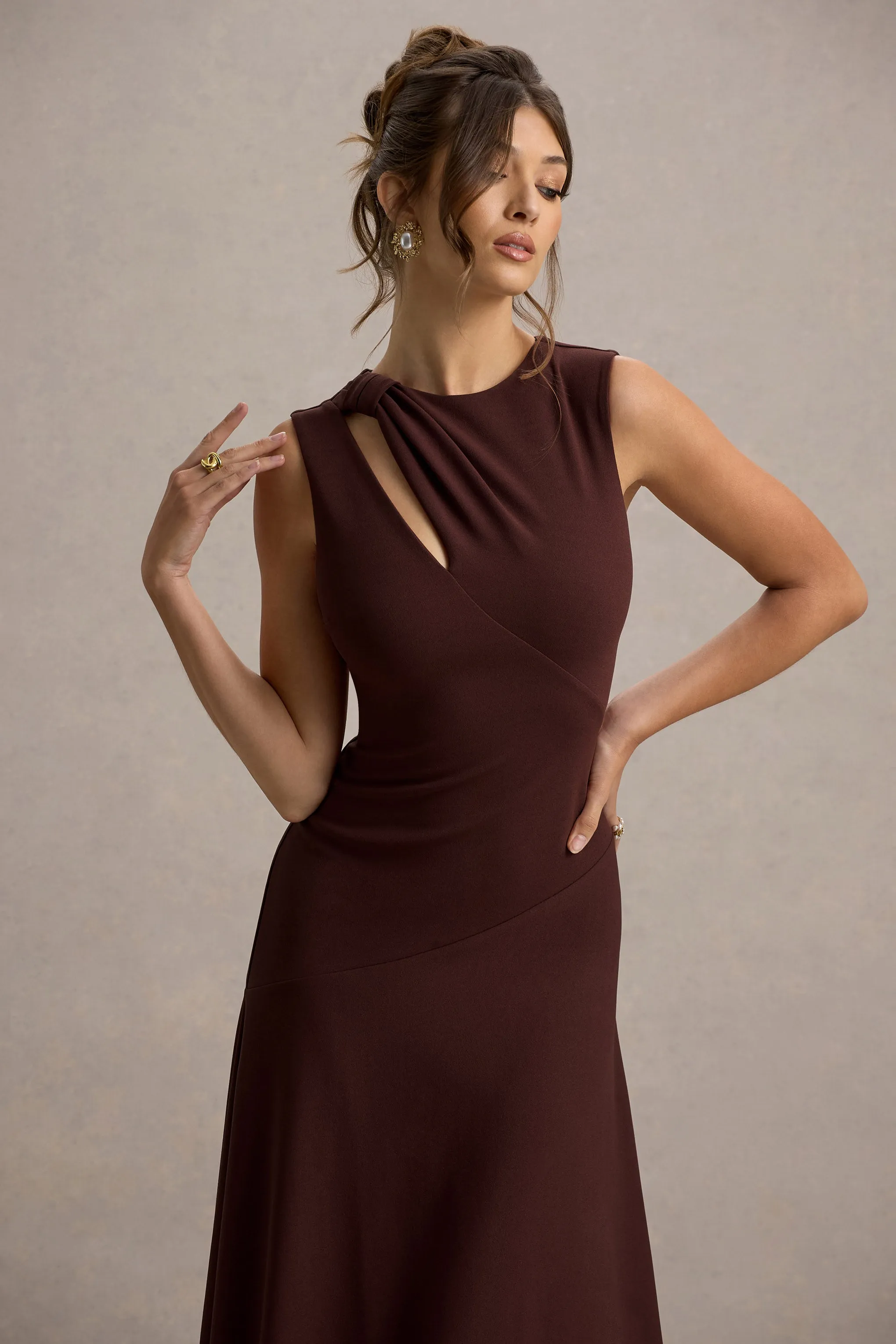 Francesca | Brown Knotted Midi Dress With Handkerchief Hem Club L London