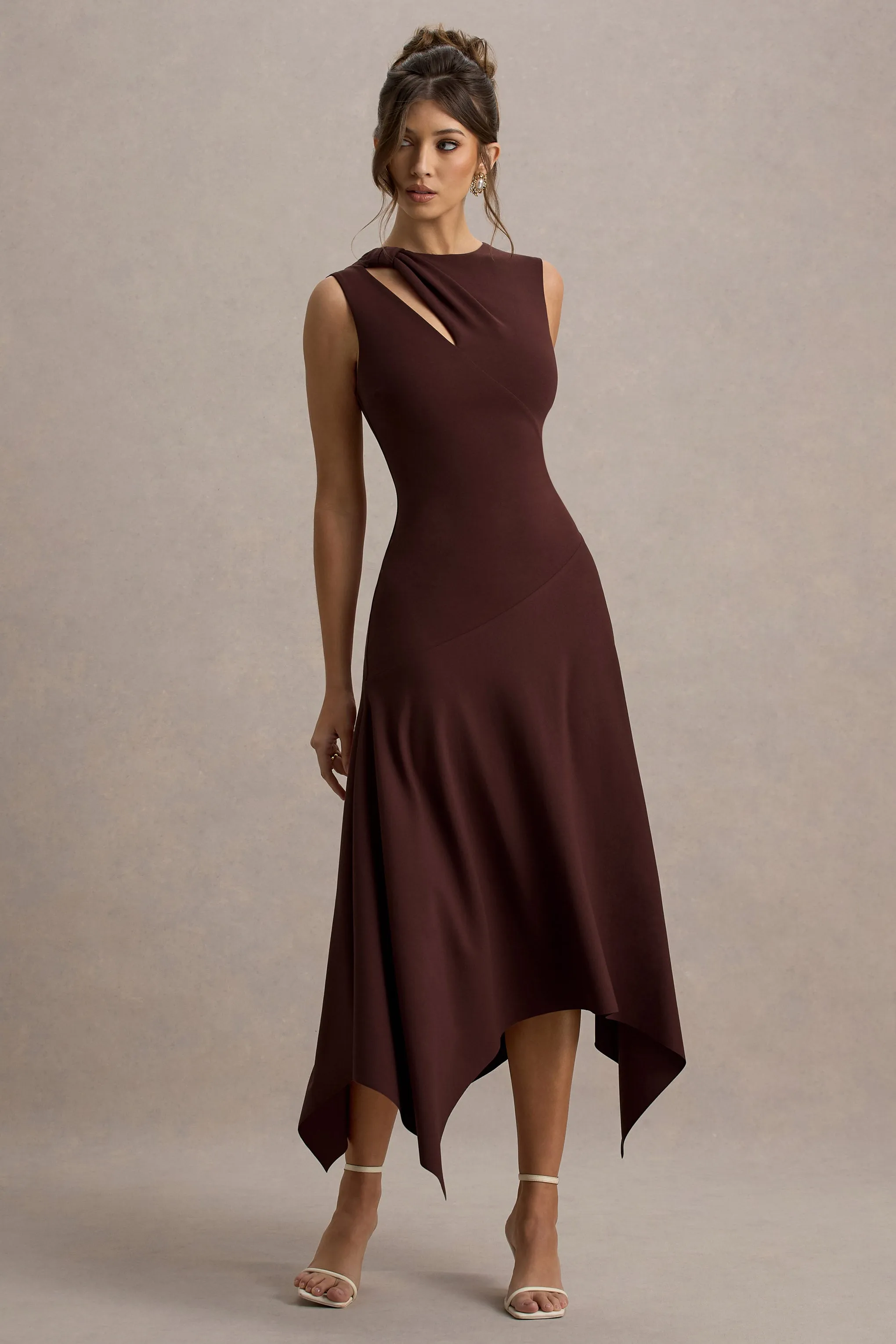 Francesca | Brown Knotted Midi Dress With Handkerchief Hem Club L London