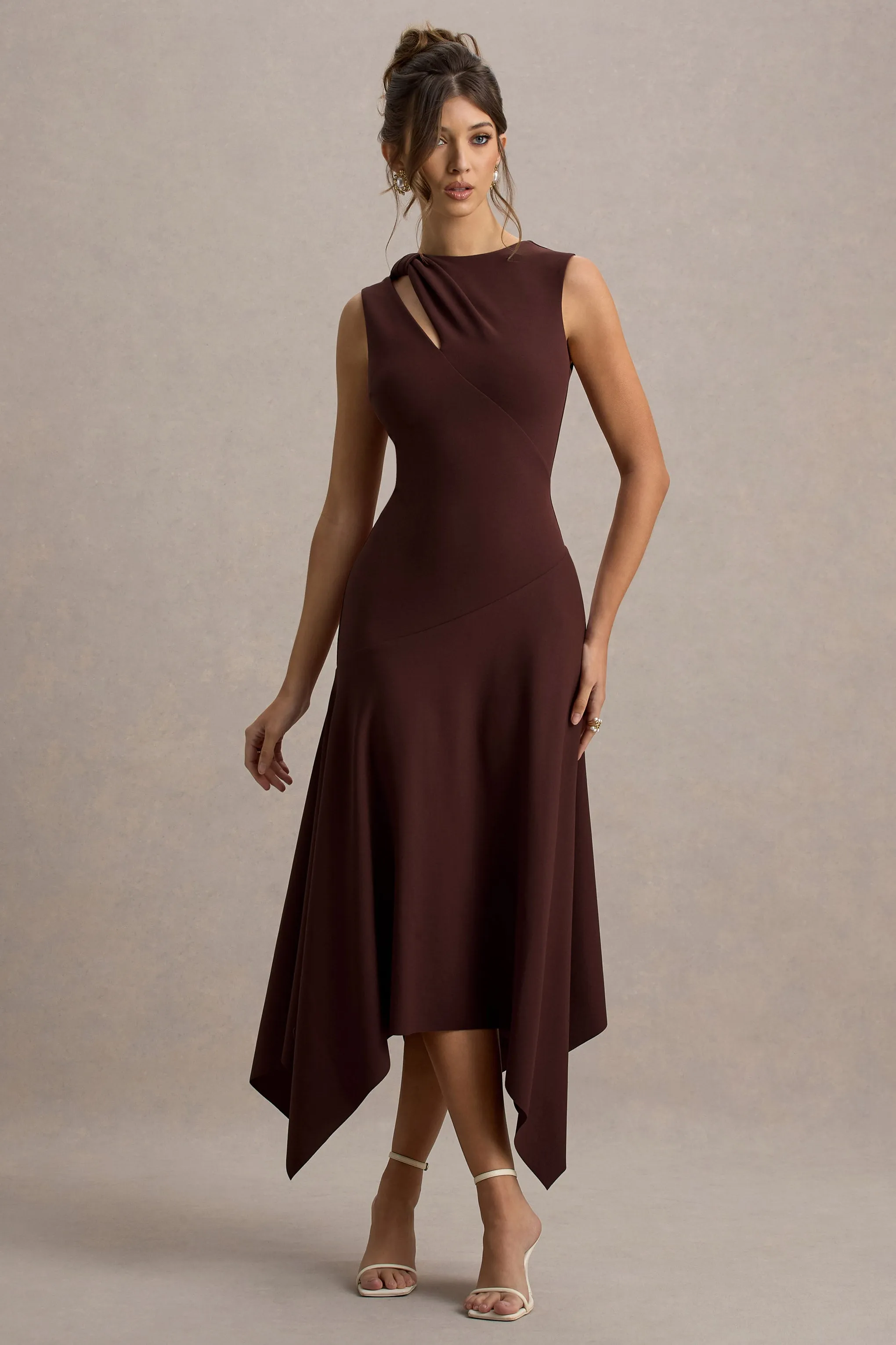 Francesca | Brown Knotted Midi Dress With Handkerchief Hem Club L London
