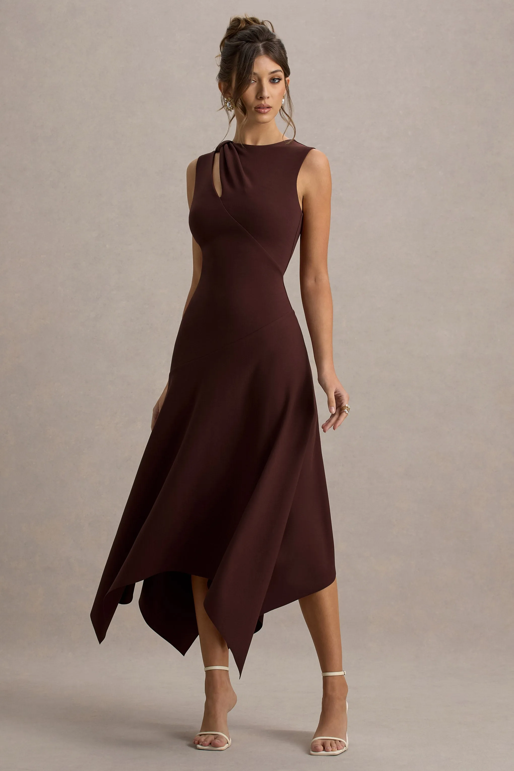 Francesca | Brown Knotted Midi Dress With Handkerchief Hem Club L London