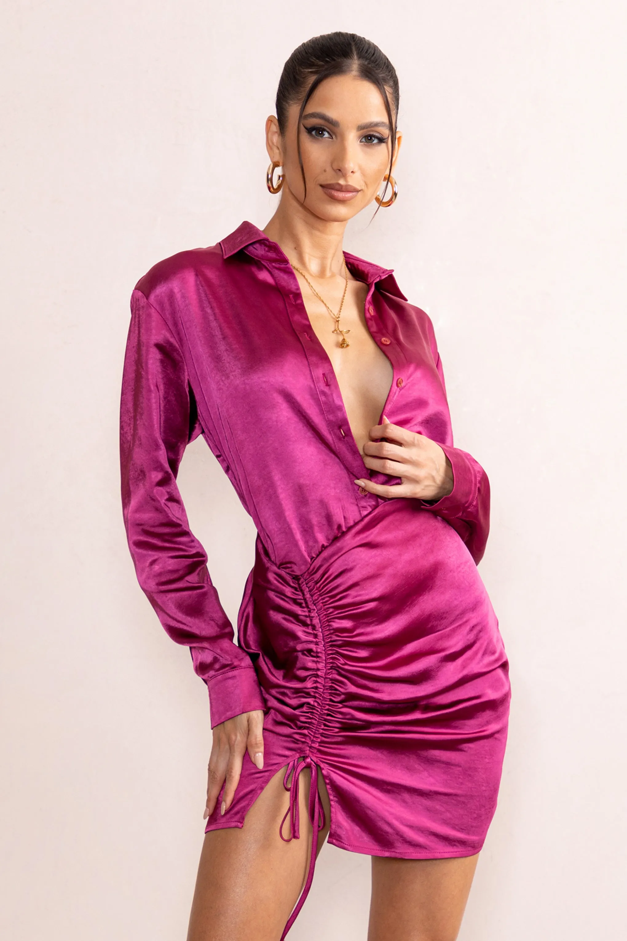 Francine | Orchid Satin Ruched Long Sleeve Shirt Mini Dress Club L London