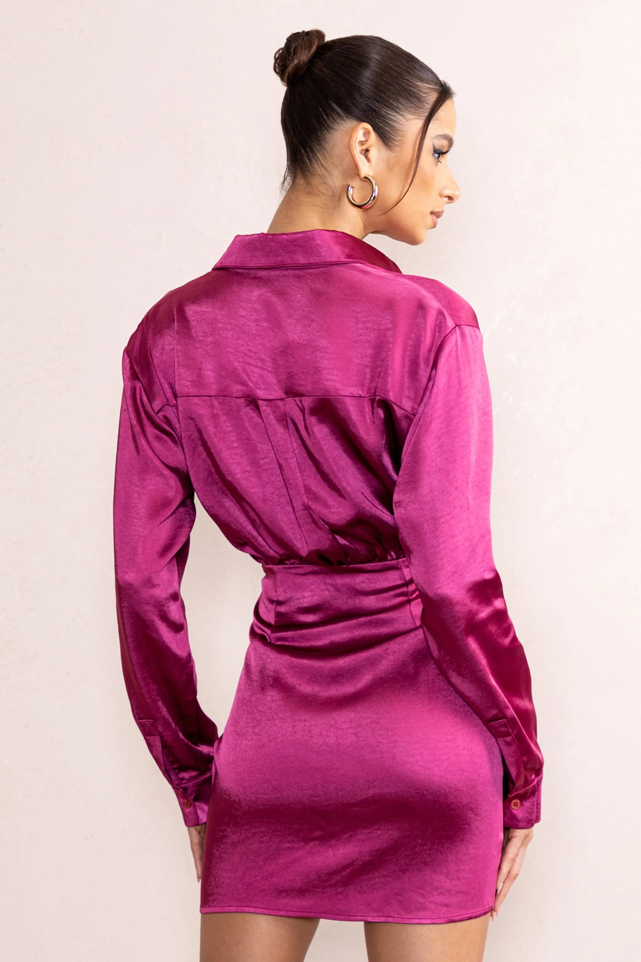 Francine | Orchid Satin Ruched Long Sleeve Shirt Mini Dress Club L London