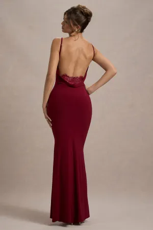Francoise | Berry Cowl Neck Backless Maxi Dress With Lace Insert Club L London