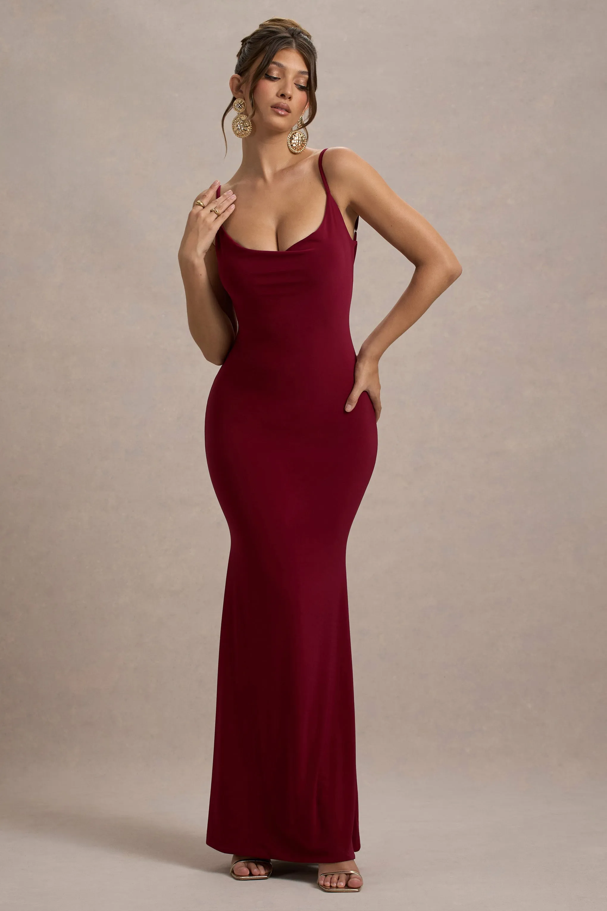 Francoise | Berry Cowl Neck Backless Maxi Dress With Lace Insert Club L London