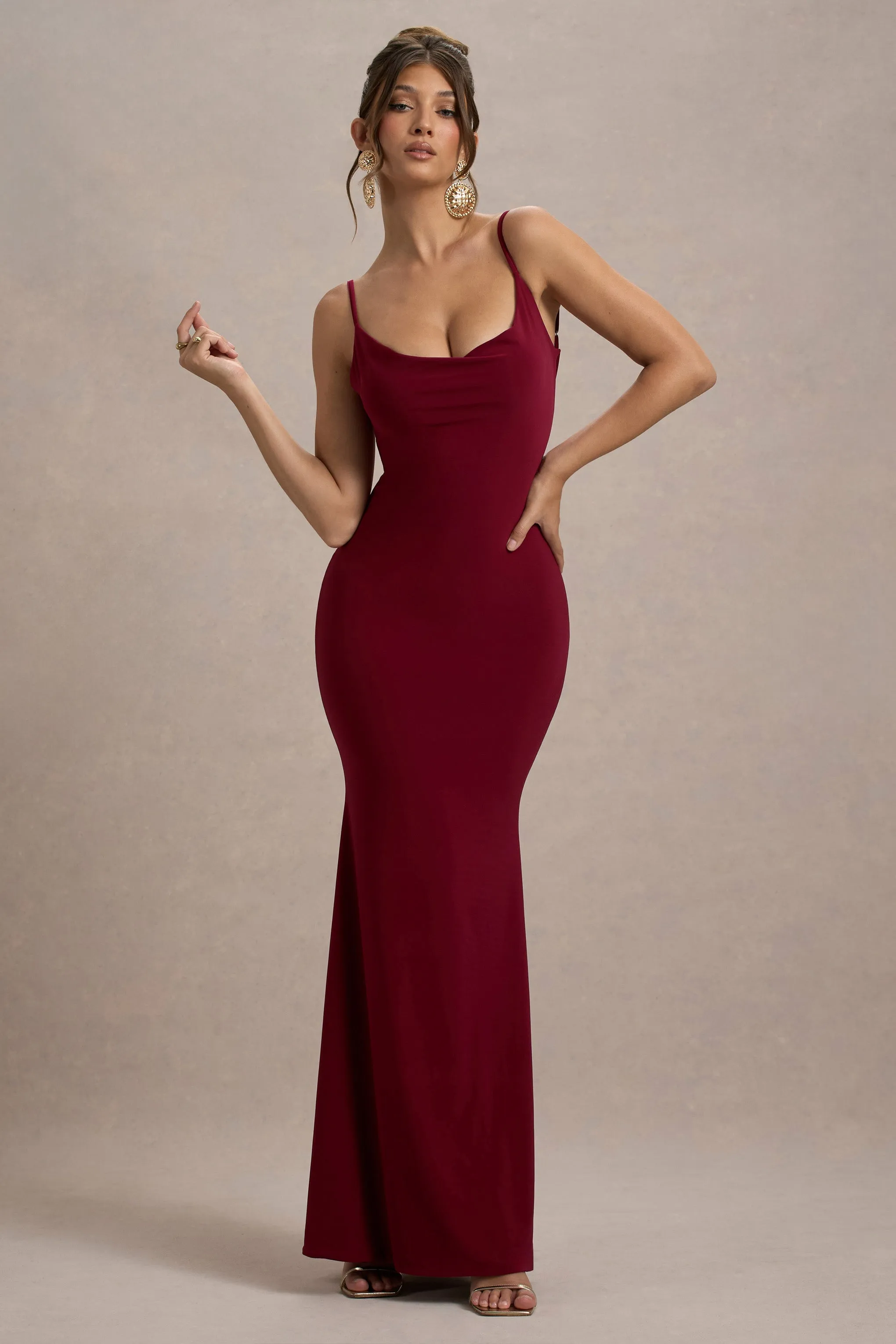 Francoise | Berry Cowl Neck Backless Maxi Dress With Lace Insert Club L London