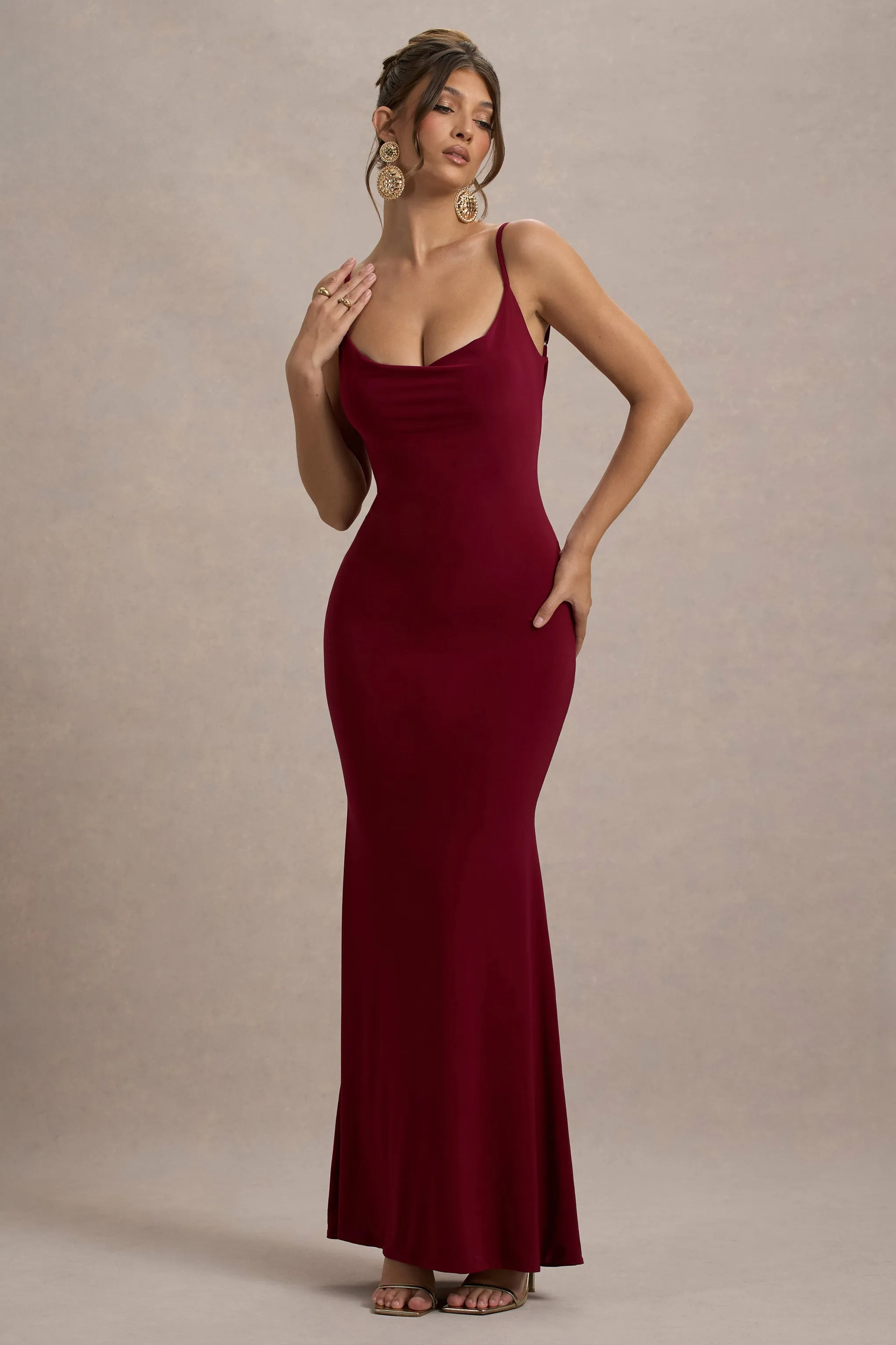 Francoise | Berry Cowl Neck Backless Maxi Dress With Lace Insert Club L London