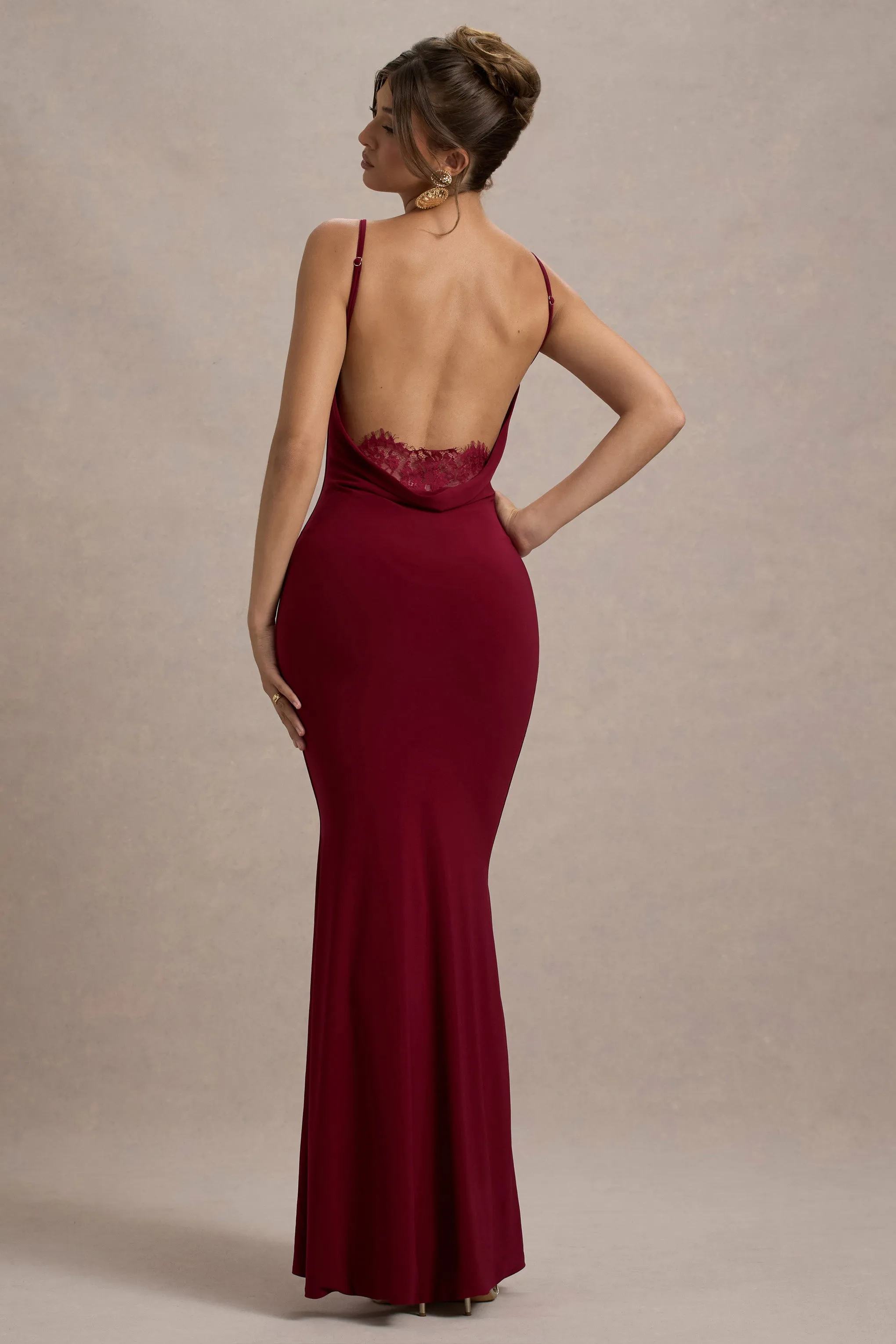 Francoise | Berry Cowl Neck Backless Maxi Dress With Lace Insert Club L London