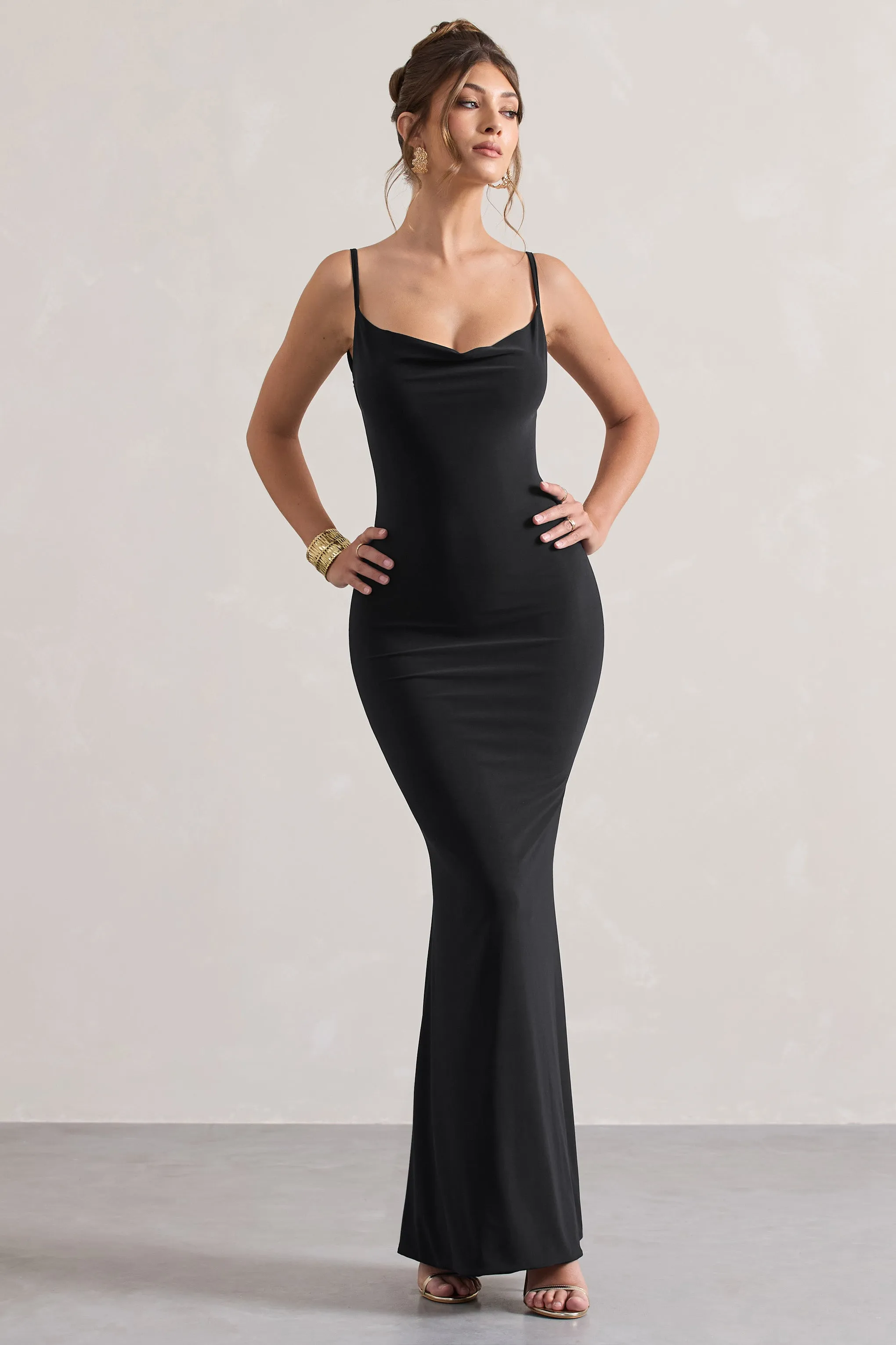 Francoise | Black Cowl Neck Backless Maxi Dress With Lace Insert Club L London