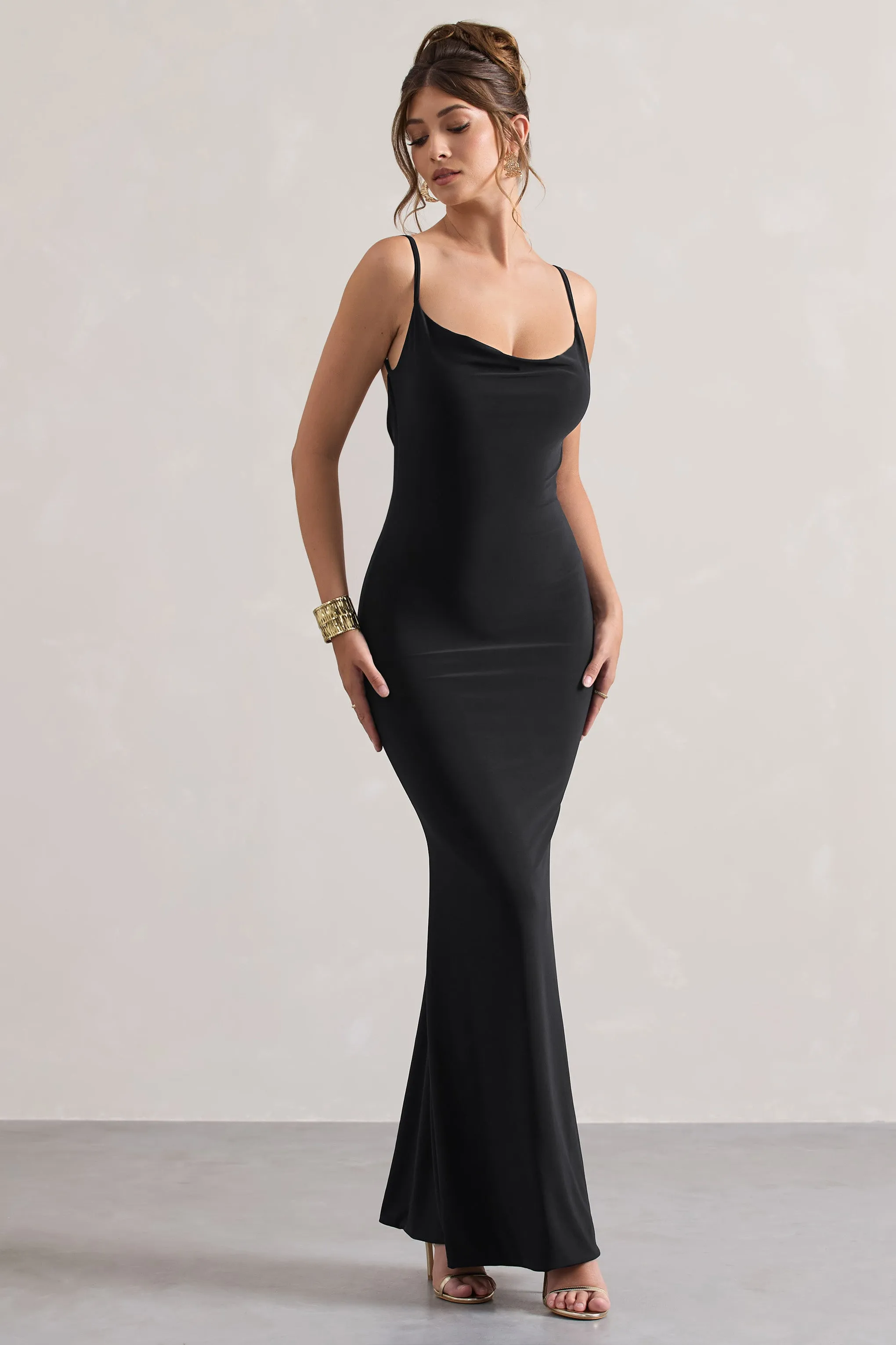 Francoise | Black Cowl Neck Backless Maxi Dress With Lace Insert Club L London