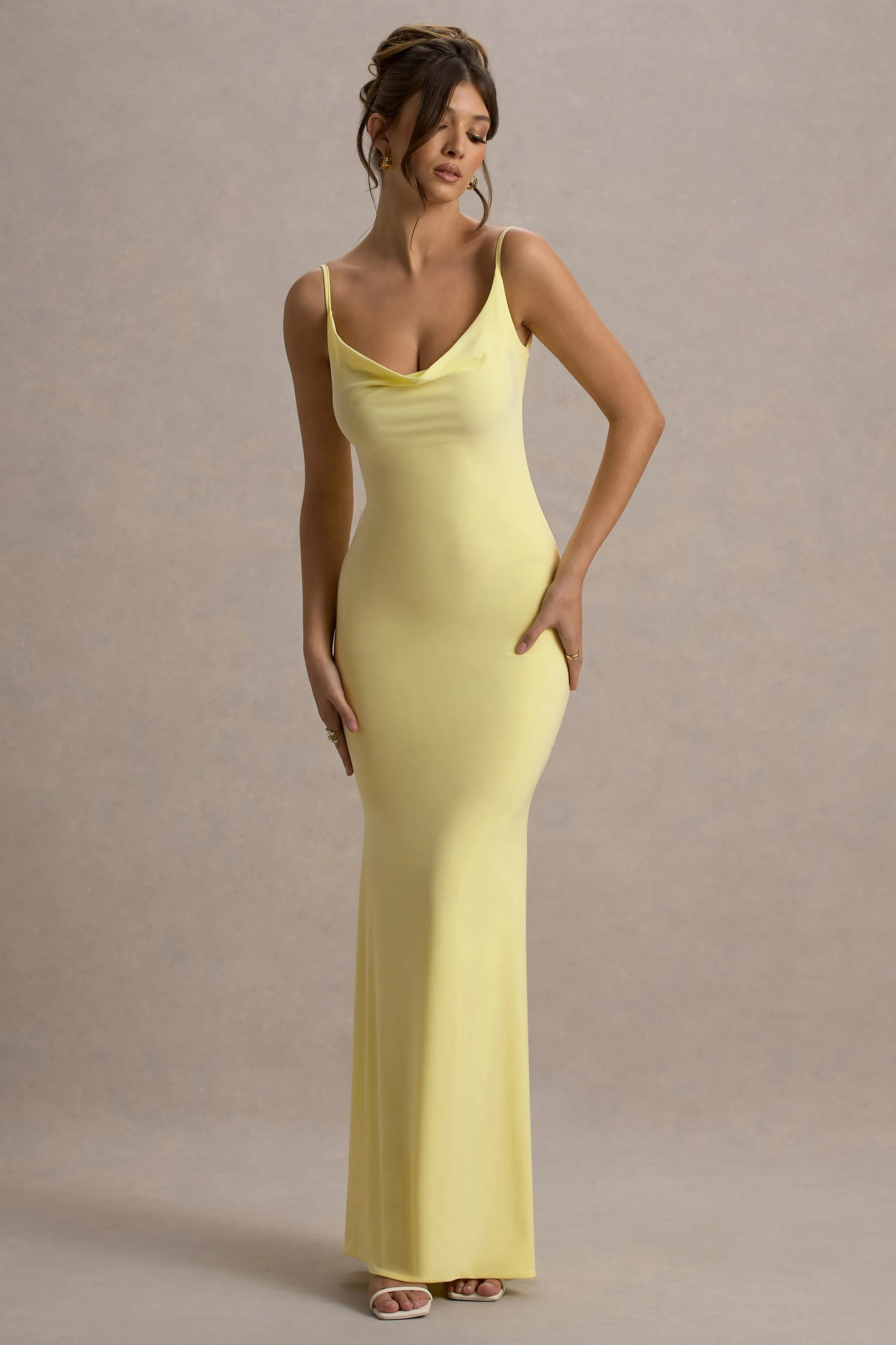 Francoise | Lemon Cowl Neck Backless Maxi Dress With Lace Insert Club L London