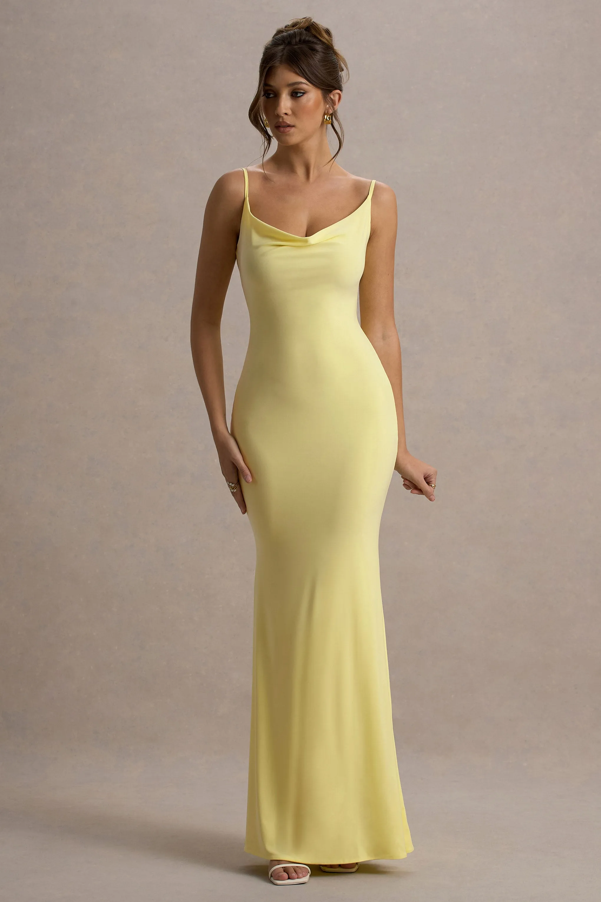 Francoise | Lemon Cowl Neck Backless Maxi Dress With Lace Insert Club L London