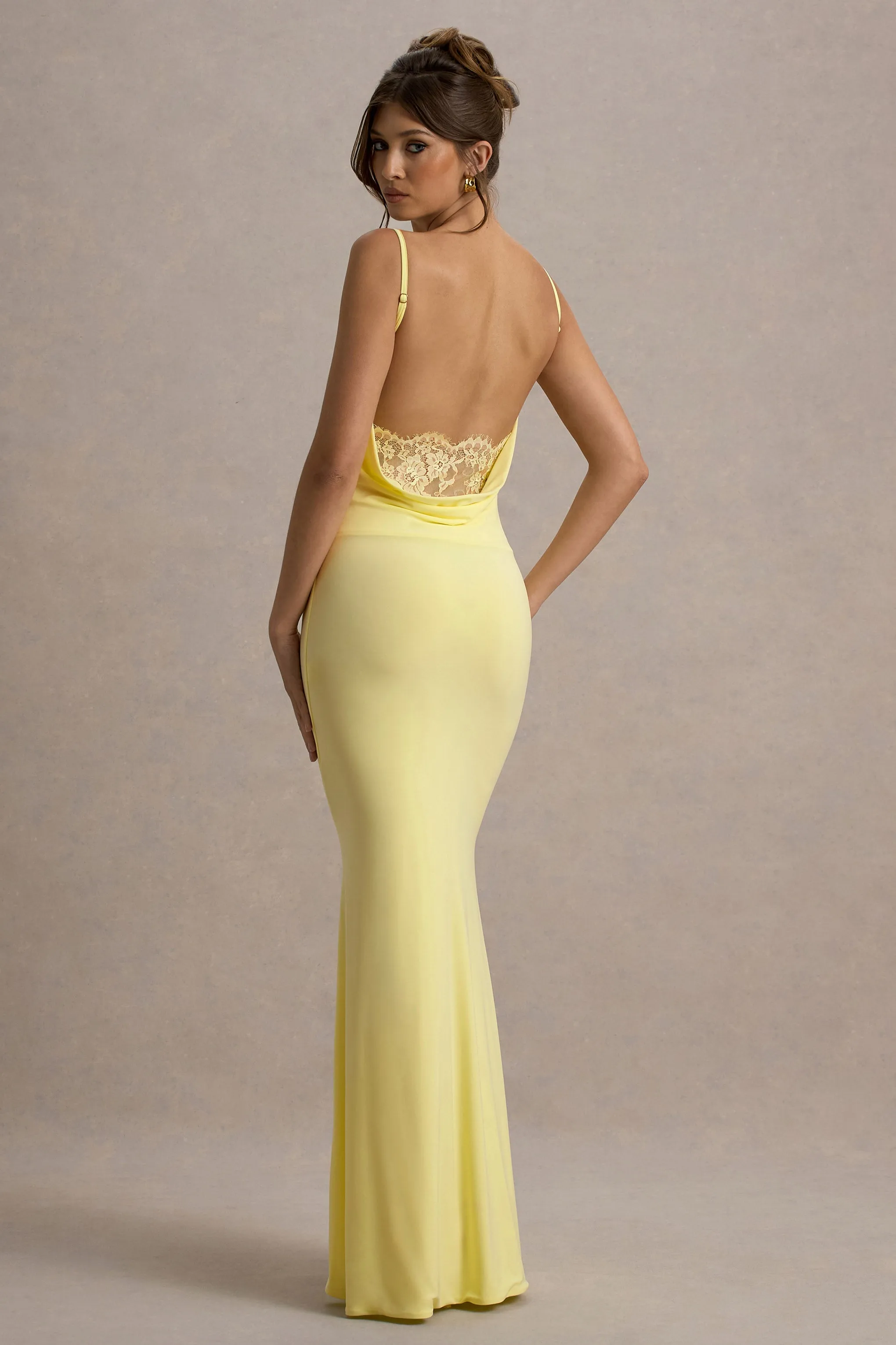 Francoise | Lemon Cowl Neck Backless Maxi Dress With Lace Insert Club L London