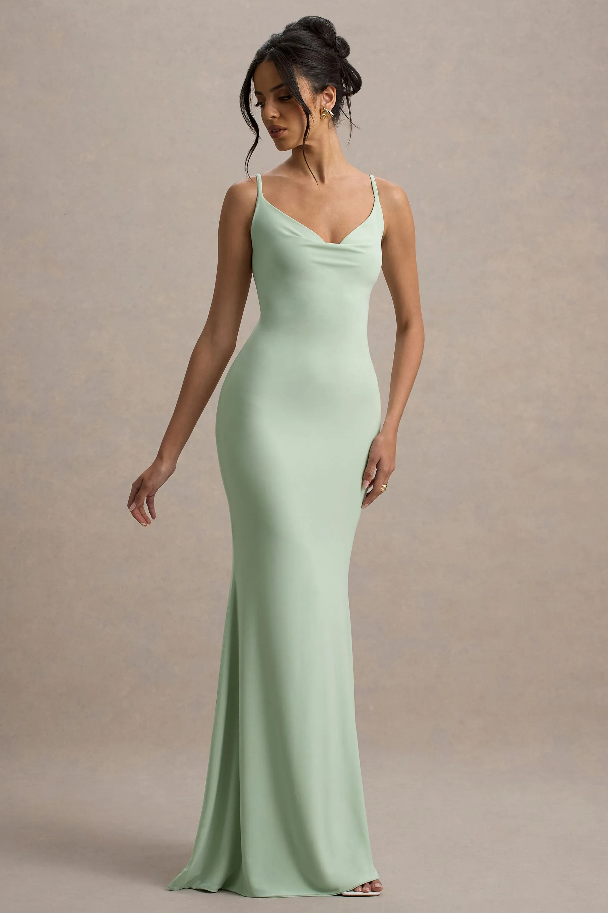 Francoise | Light Green Cowl Neck Backless Maxi Dress With Lace Insert Club L London
