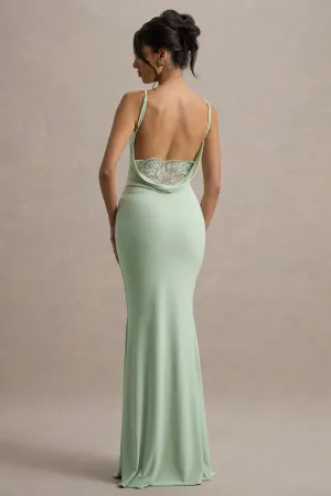 Francoise | Light Green Cowl Neck Backless Maxi Dress With Lace Insert Club L London