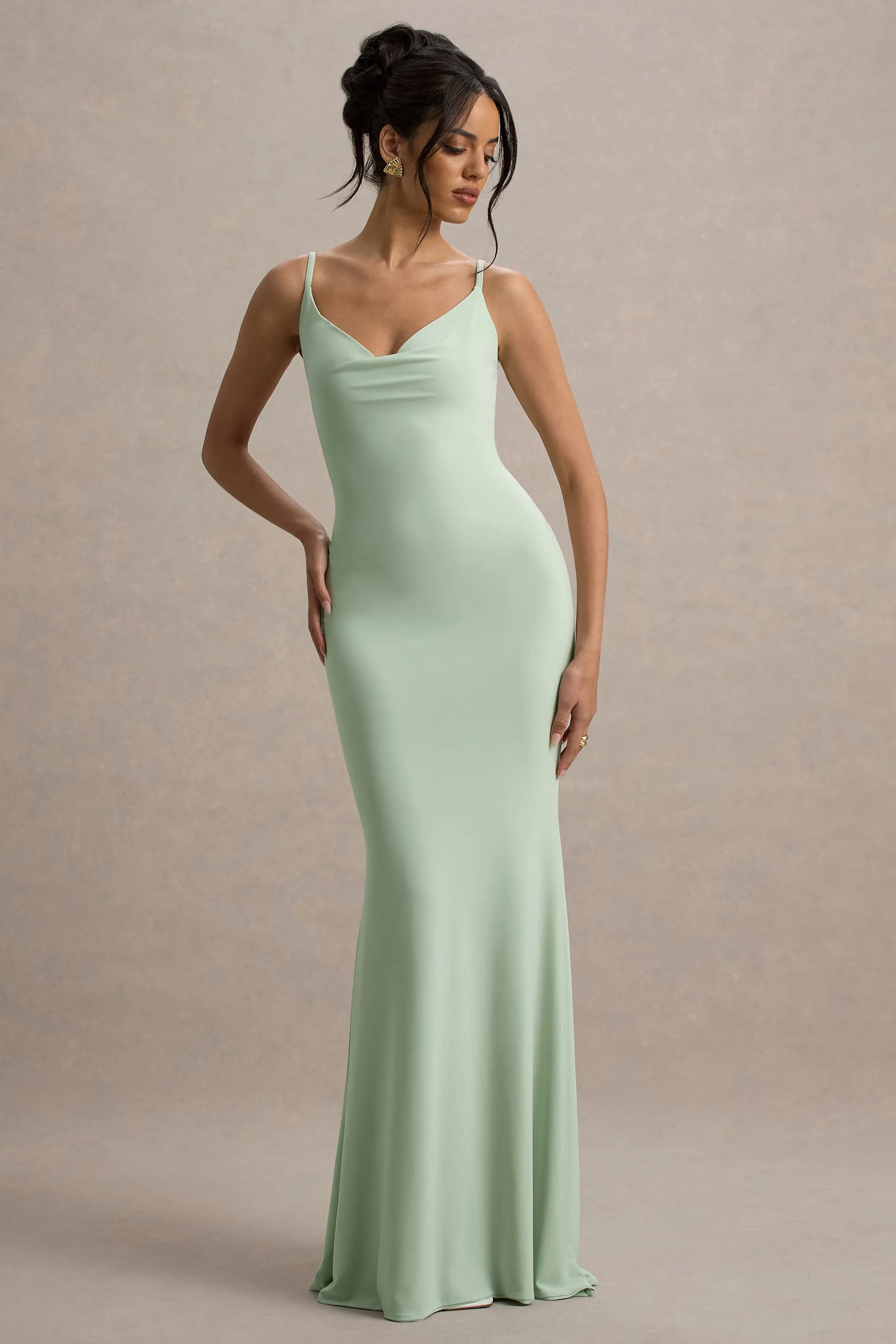 Francoise | Light Green Cowl Neck Backless Maxi Dress With Lace Insert Club L London