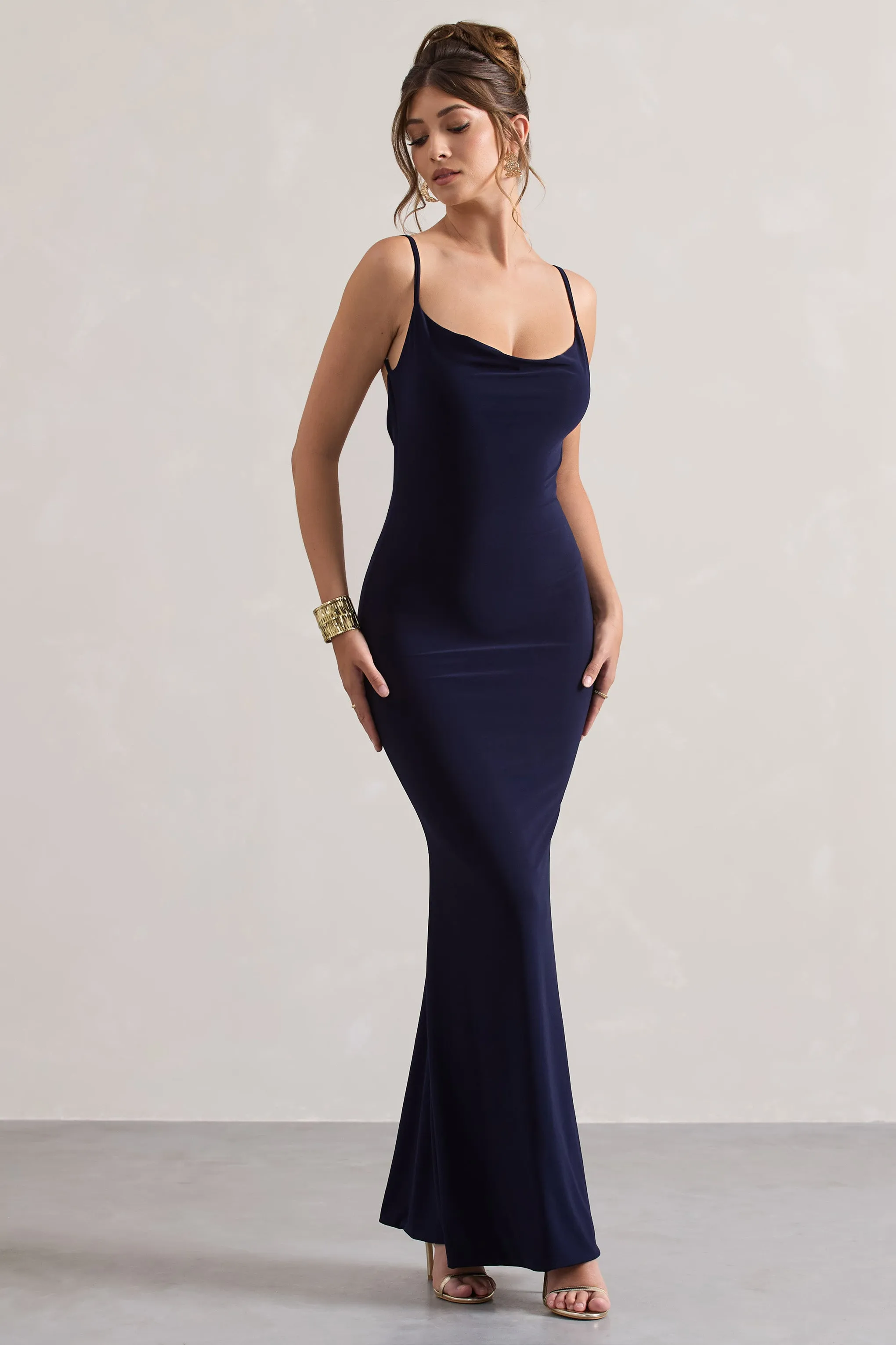 Francoise | Navy Cowl Neck Backless Maxi Dress With Lace Insert Club L London