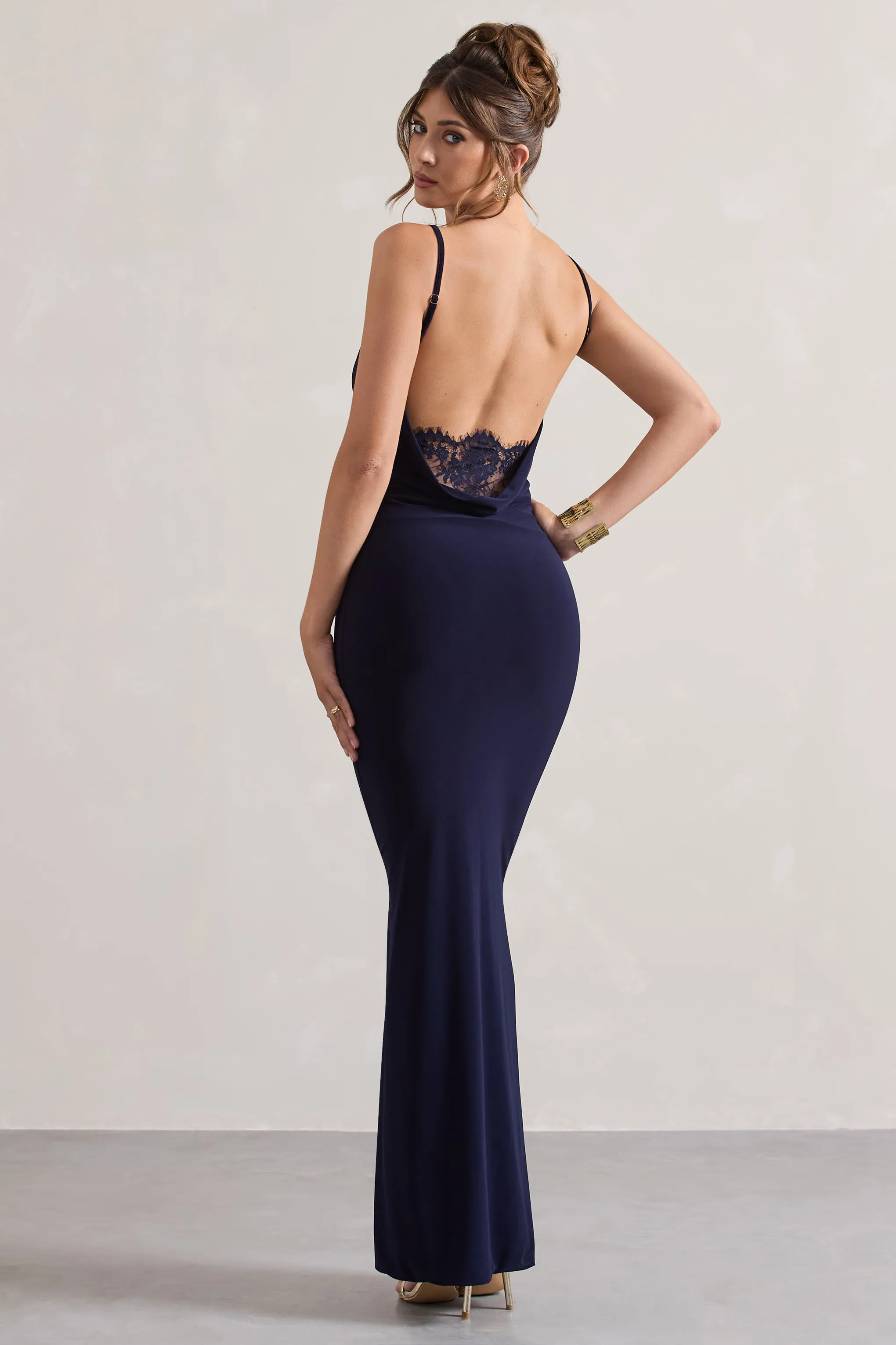 Francoise | Navy Cowl Neck Backless Maxi Dress With Lace Insert Club L London